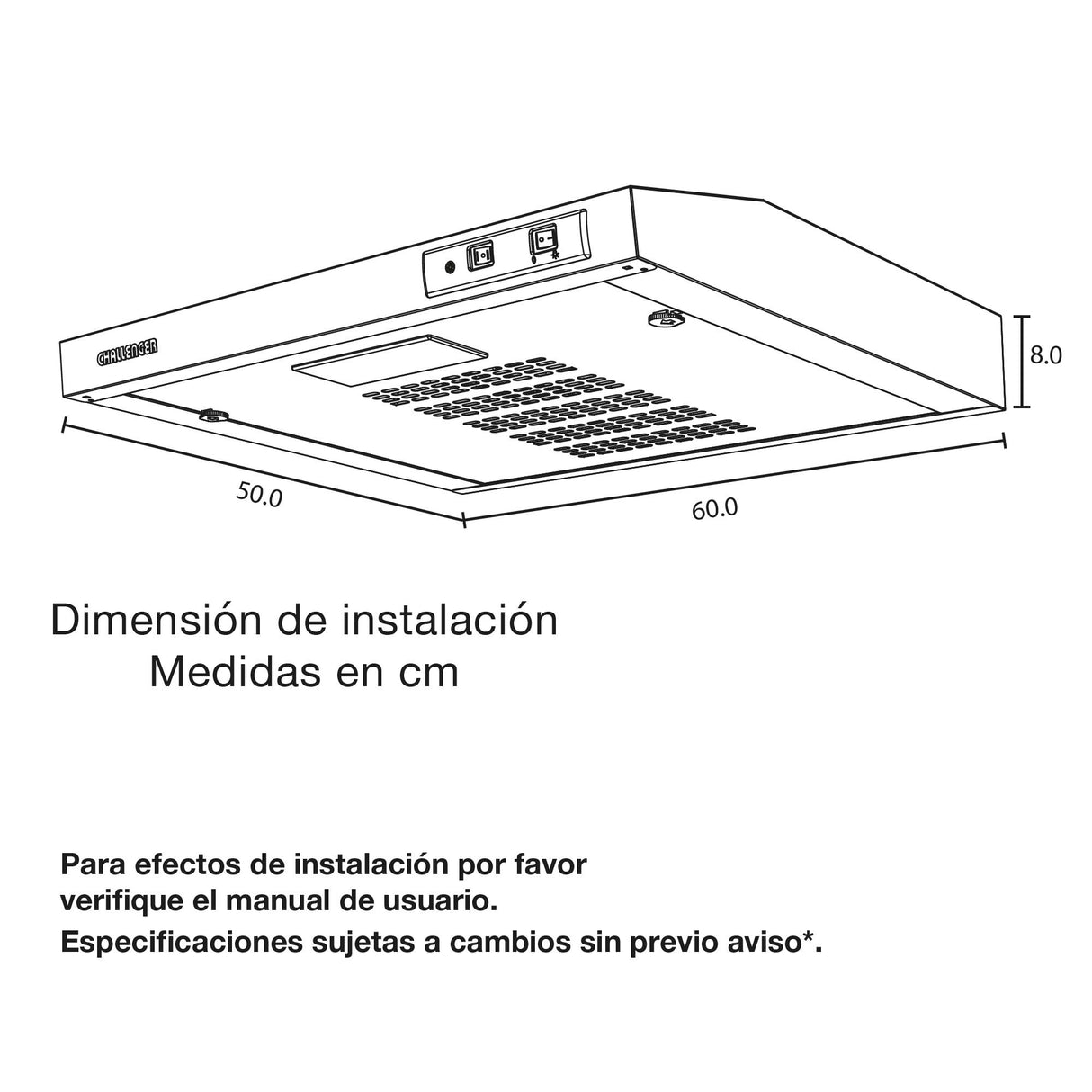 Campana Challenger Horizontal Plateado 59.7x8cm 110 Voltios de Dos Velocidades - CAMPANAS Y EXTRACTORES | Bylmo