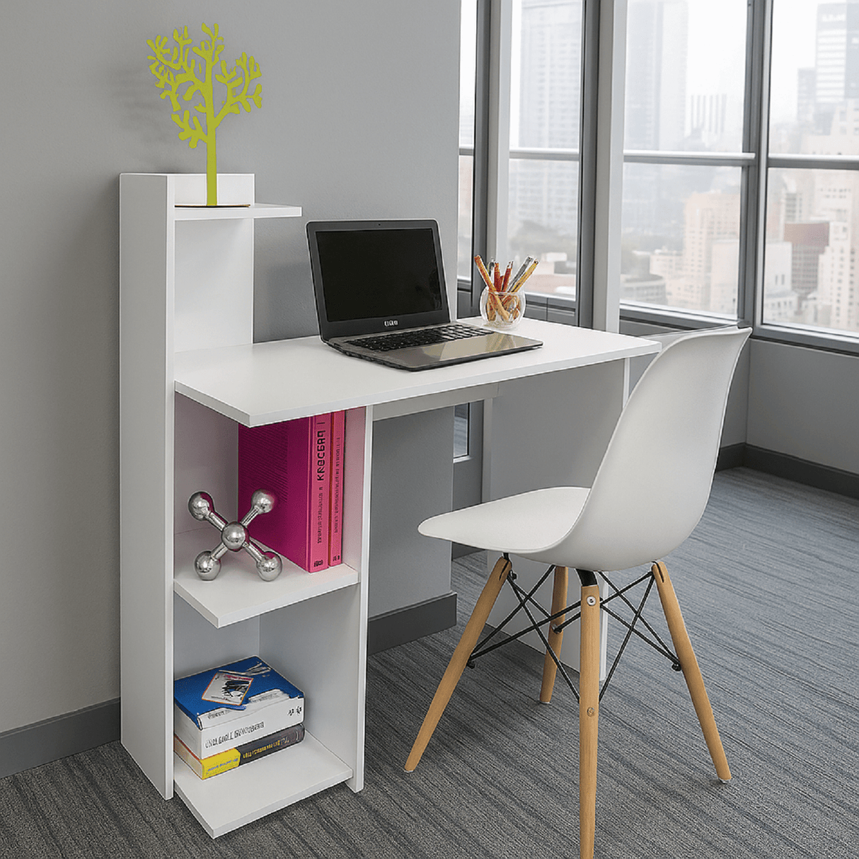 Combo Escritorio y Silla King Blanco 120x120cm sin Cajones y con Organizador de Libros - Escritorios y Archivadores | Bylmo