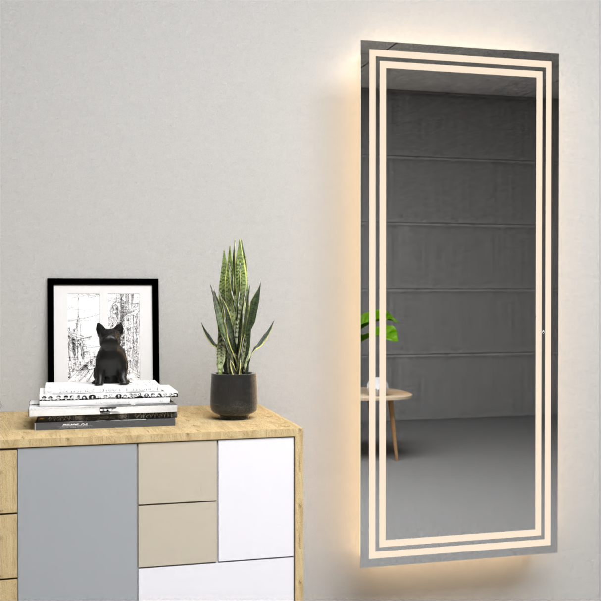 Espejo de Baño Valencia Gris 50x130cm Rectangular con Sandblasting y con Iluminación Led - ESPEJOS DE BANHO | Bylmo