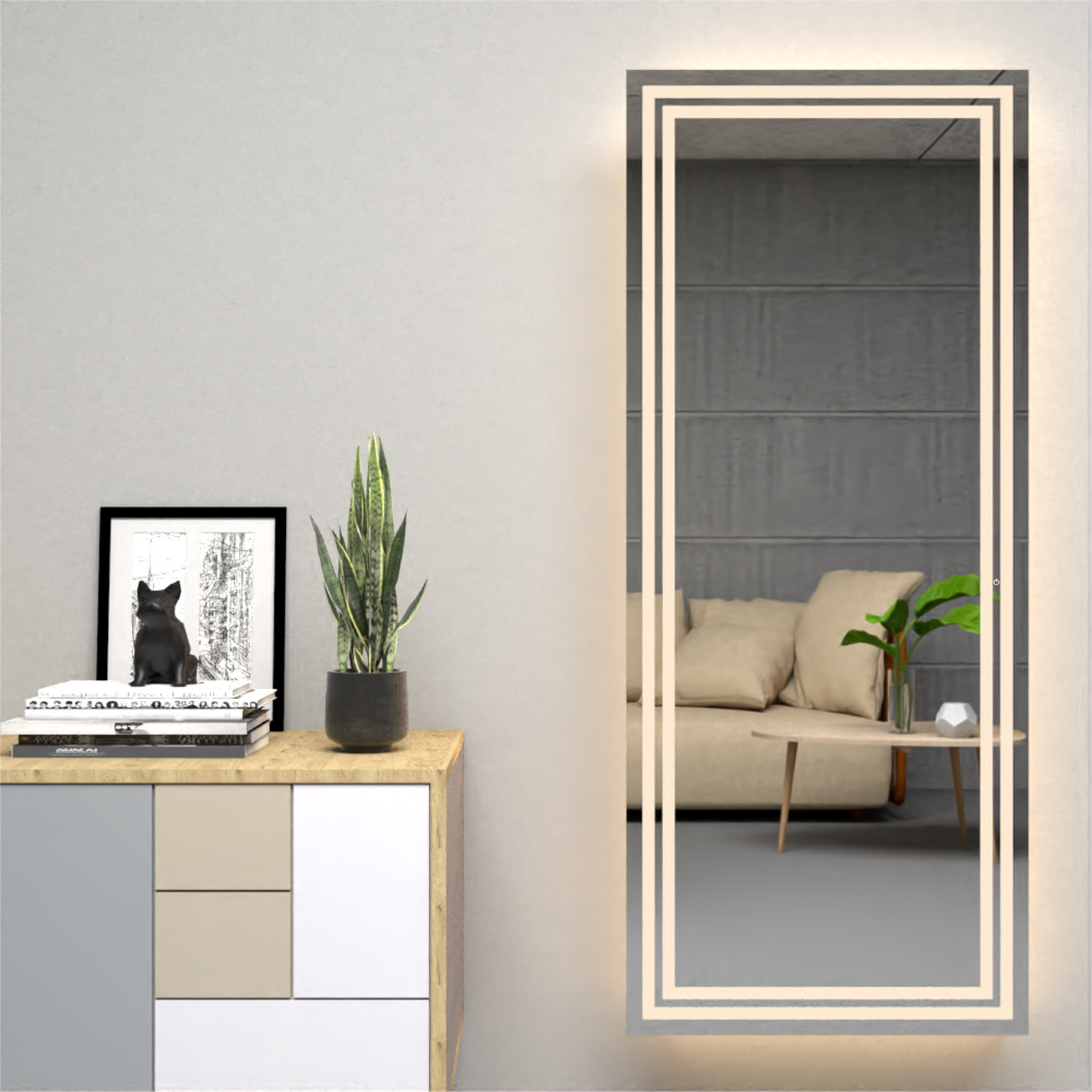 Espejo de Baño Valencia Gris 50x130cm Rectangular con Sandblasting y con Iluminación Led - ESPEJOS DE BANHO | Bylmo