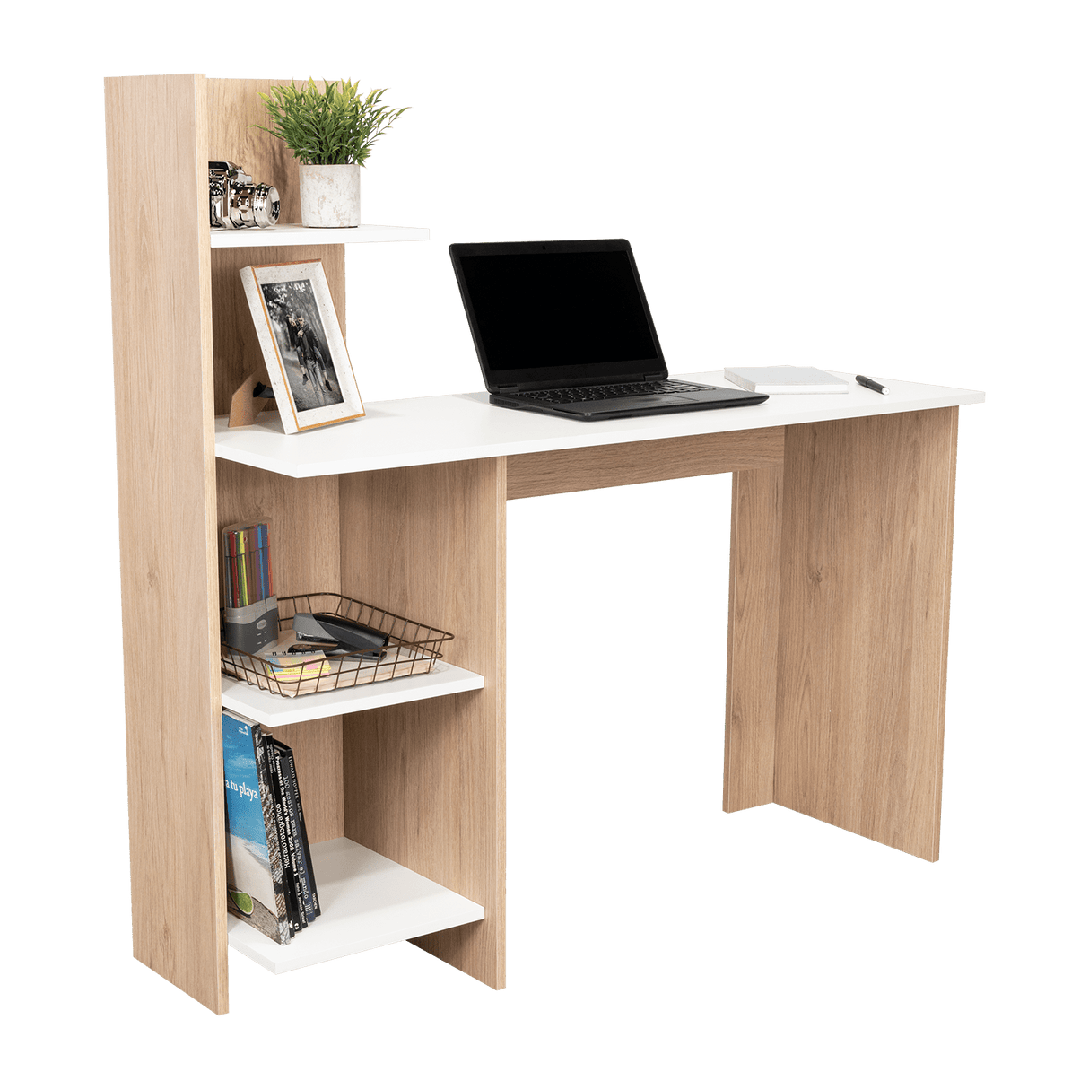 Escritorio Vilna Rovere y Blanco 120.6x120cm sin Cajones y con Organizador de Libros - Escritorios y Archivadores | Bylmo