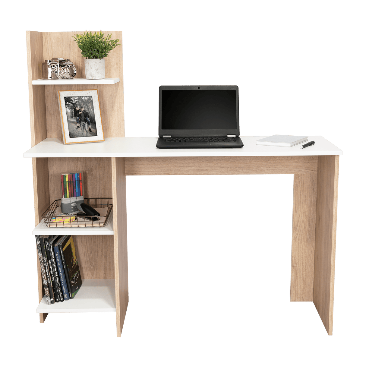 Escritorio Vilna Rovere y Blanco 120.6x120cm sin Cajones y con Organizador de Libros - Escritorios y Archivadores | Bylmo