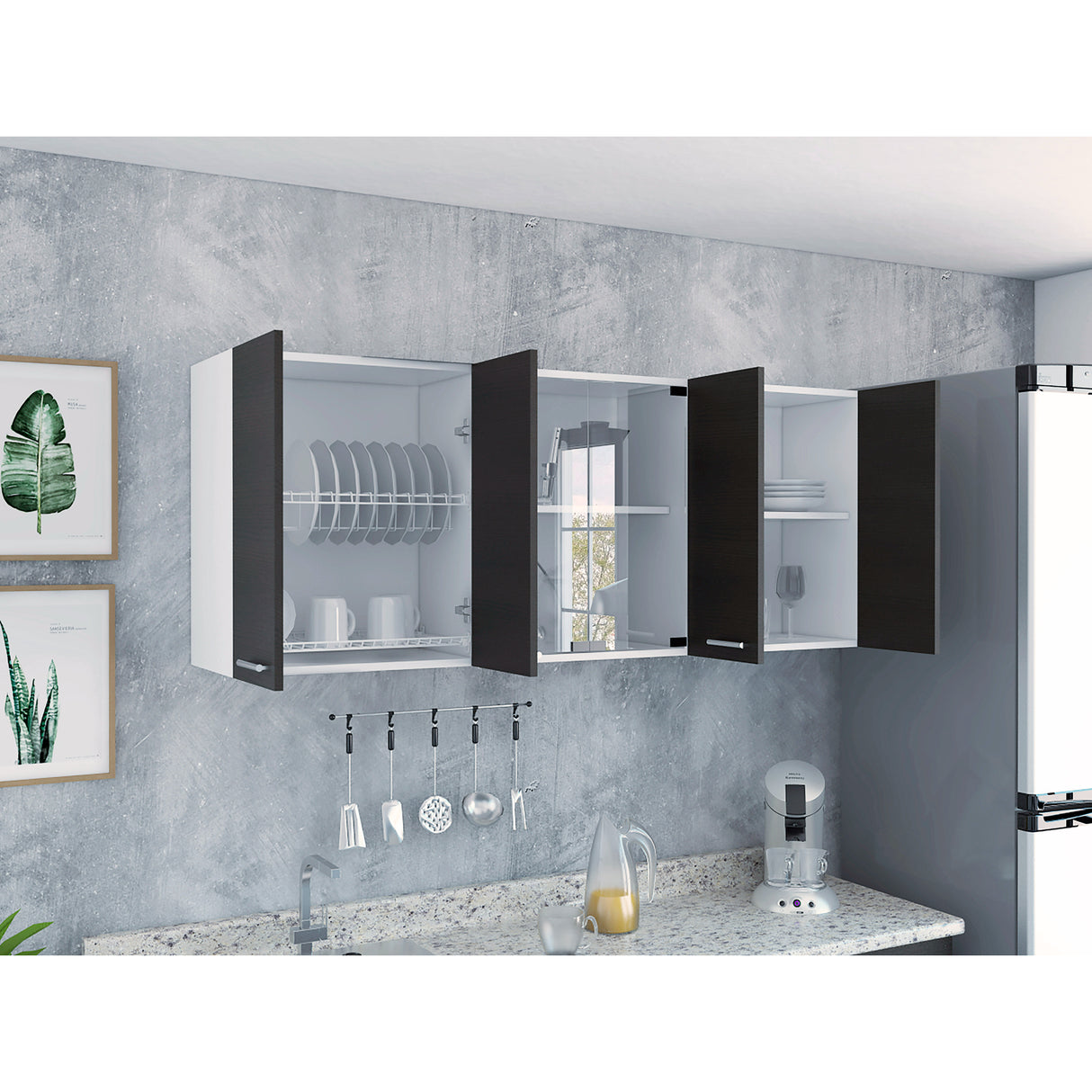 Mueble Superior de Cocina Wengue y Blanco 150x60cm con Dos Entrepaños y con Seis Puertas - Cocinas | Bylmo