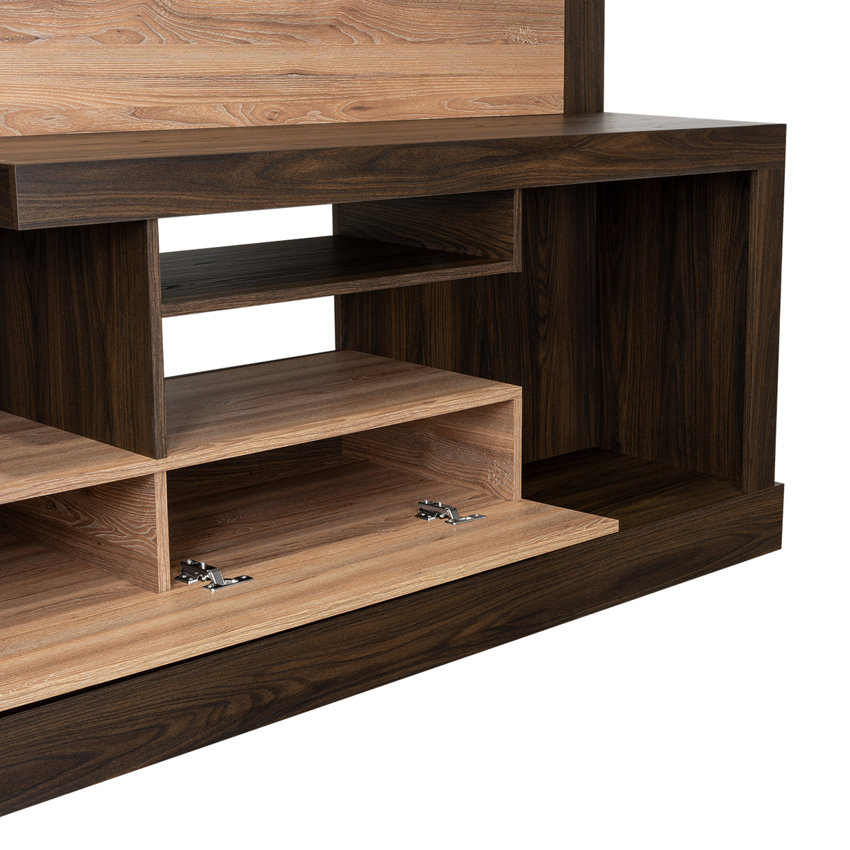 Centro de Entretenimiento Alcaceres Habano y Miel 180x172.2cm para TV Hasta 55 Pulgadas con Ranuras para Cables y con Tres Compartimientos - Muebles para TV | Bylmo