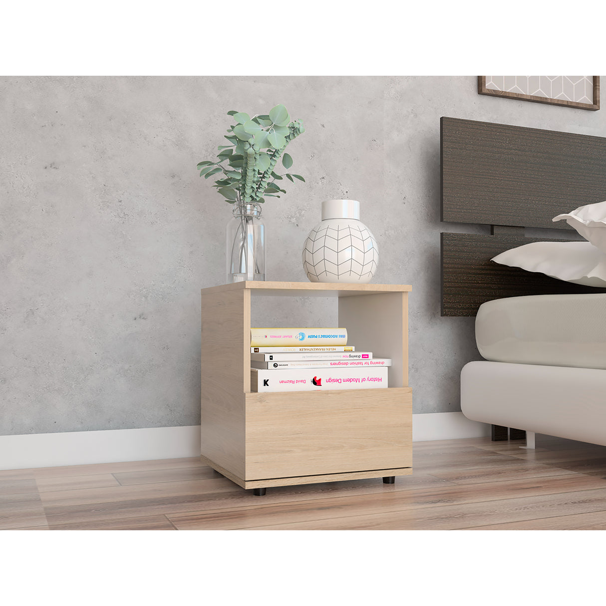 Mesa de Noche Camel Rovere y Blanco 40x45cm con Un Cajón y con Un Compartimiento - Mesas de Noche | Bylmo