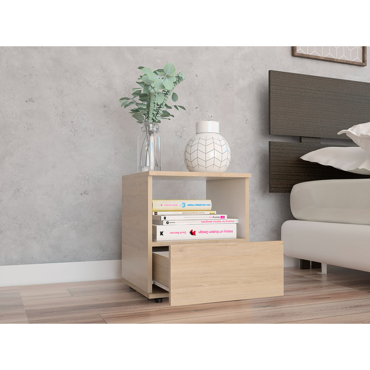 Mesa de Noche Camel Rovere y Blanco 40x45cm con Un Cajón y con Un Compartimiento - Mesas de Noche | Bylmo