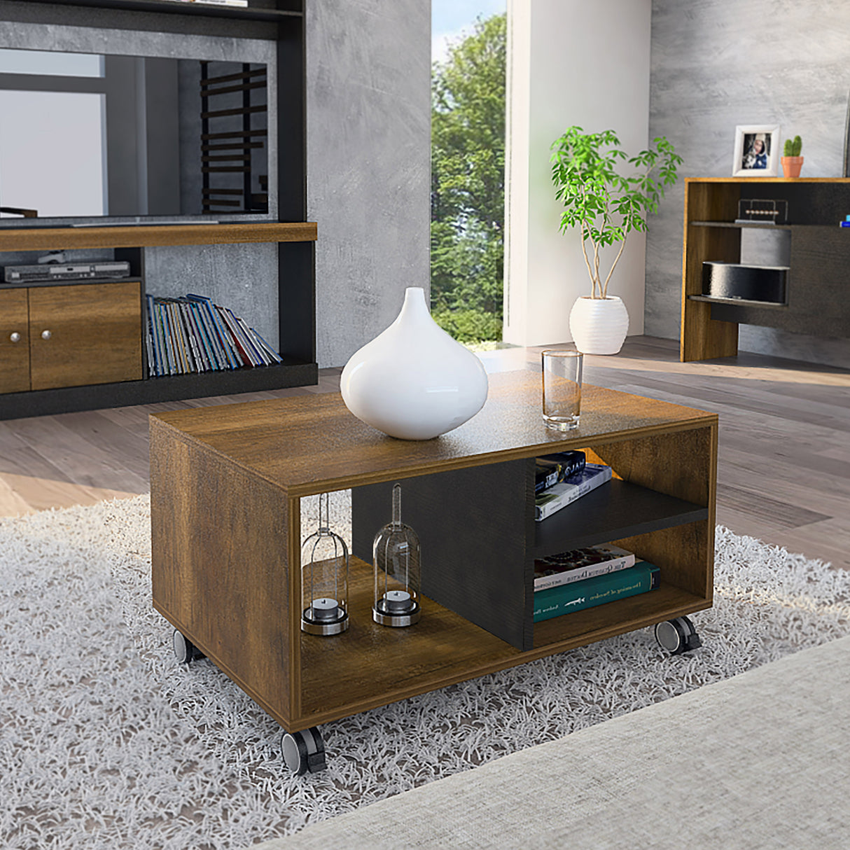 Mesa de Centro Classic Caramelo 80x43.4cm Rectangular con Ruedas y con Compartimientos - Mesas | Bylmo