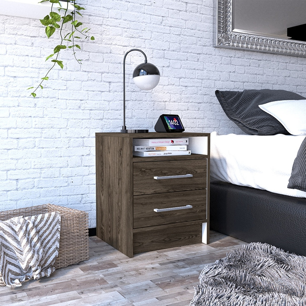 Mesa de Noche Eter Coñac y Blanco 40x50.7cm con Dos Cajones y con Un Compartimiento - MESAS DE NOCHE | Bylmo