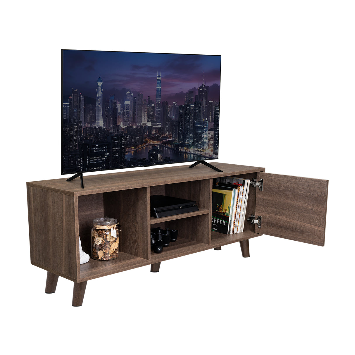 Rack de TV Cincinatti Coñac 115x50cm Para TV Hasta 45 Pulgadas con Un Cajón con Ranuras para Cables y con Patas - Muebles para TV | Bylmo