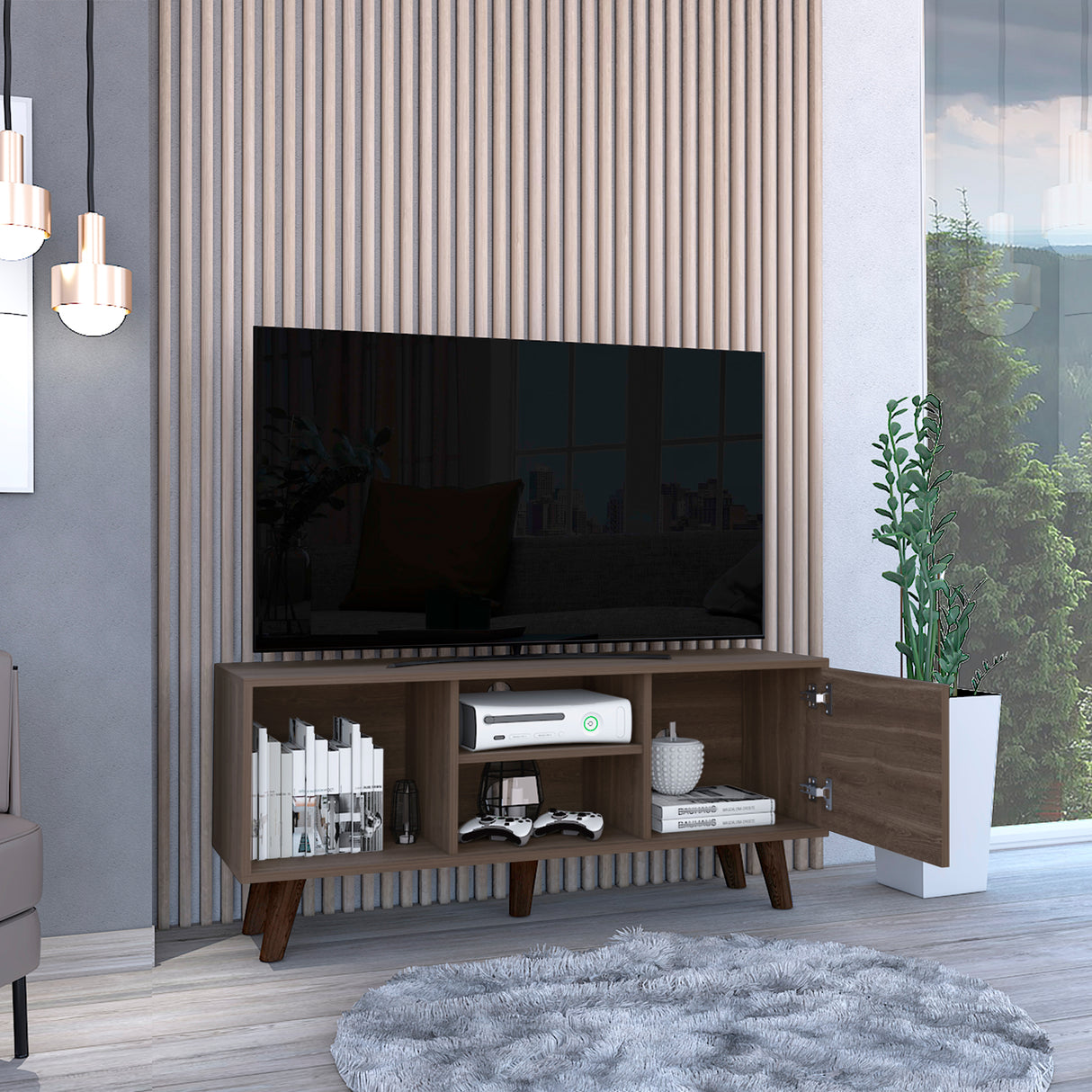 Rack de TV Cincinatti Coñac 115x50cm Para TV Hasta 45 Pulgadas con Un Cajón con Ranuras para Cables y con Patas - Muebles para TV | Bylmo