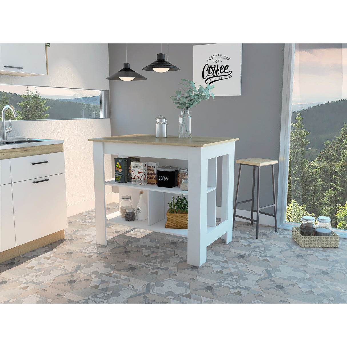 Mesa Auxiliar de Cocina Kitchen Duna y Blanco 103x90cm con Dos Entrepaños y con Tres Comportamientos - Muebles Organizadores | Bylmo