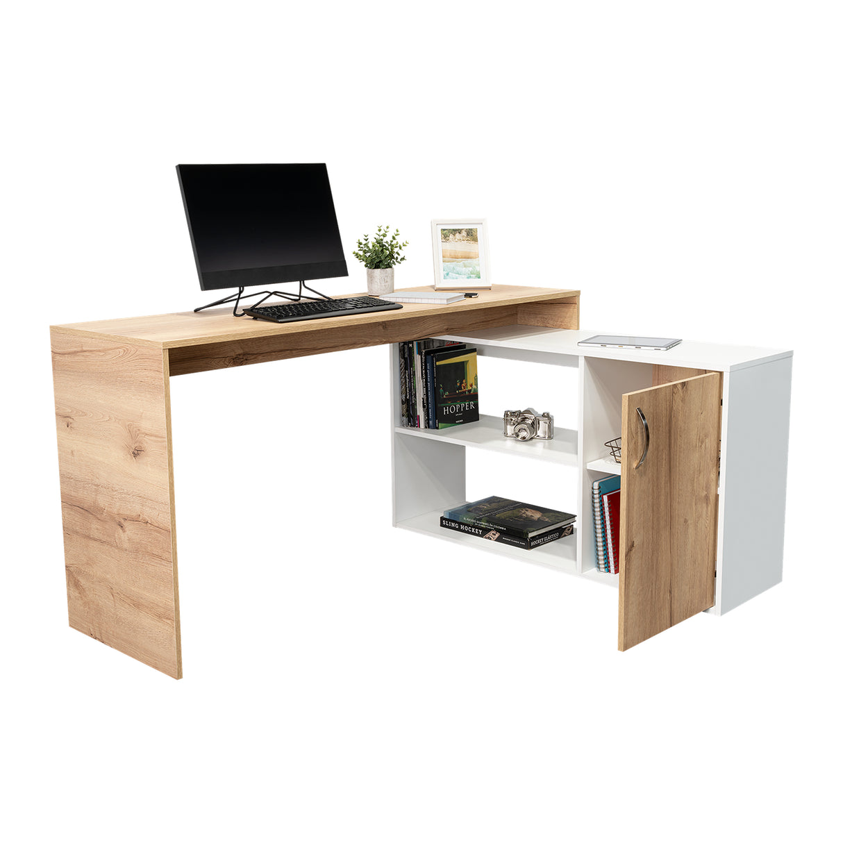 Escritorio en L Axis Duna y Blanco 151.5x76.5cm sin Cajones y con Organizador de Libros - Escritorios y Archivadores | Bylmo