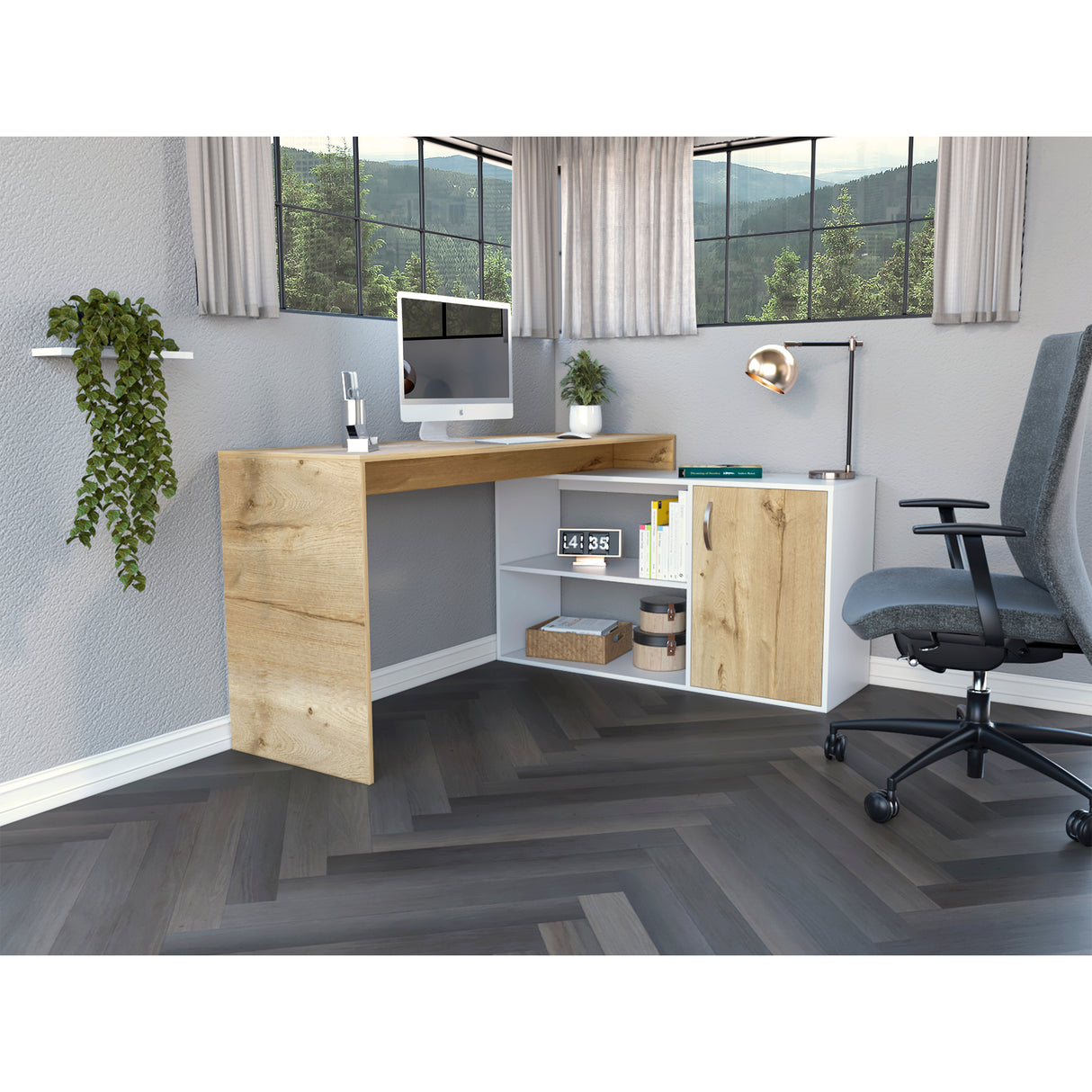 Escritorio en L Axis Duna y Blanco 151.5x76.5cm sin Cajones y con Organizador de Libros - Escritorios y Archivadores | Bylmo