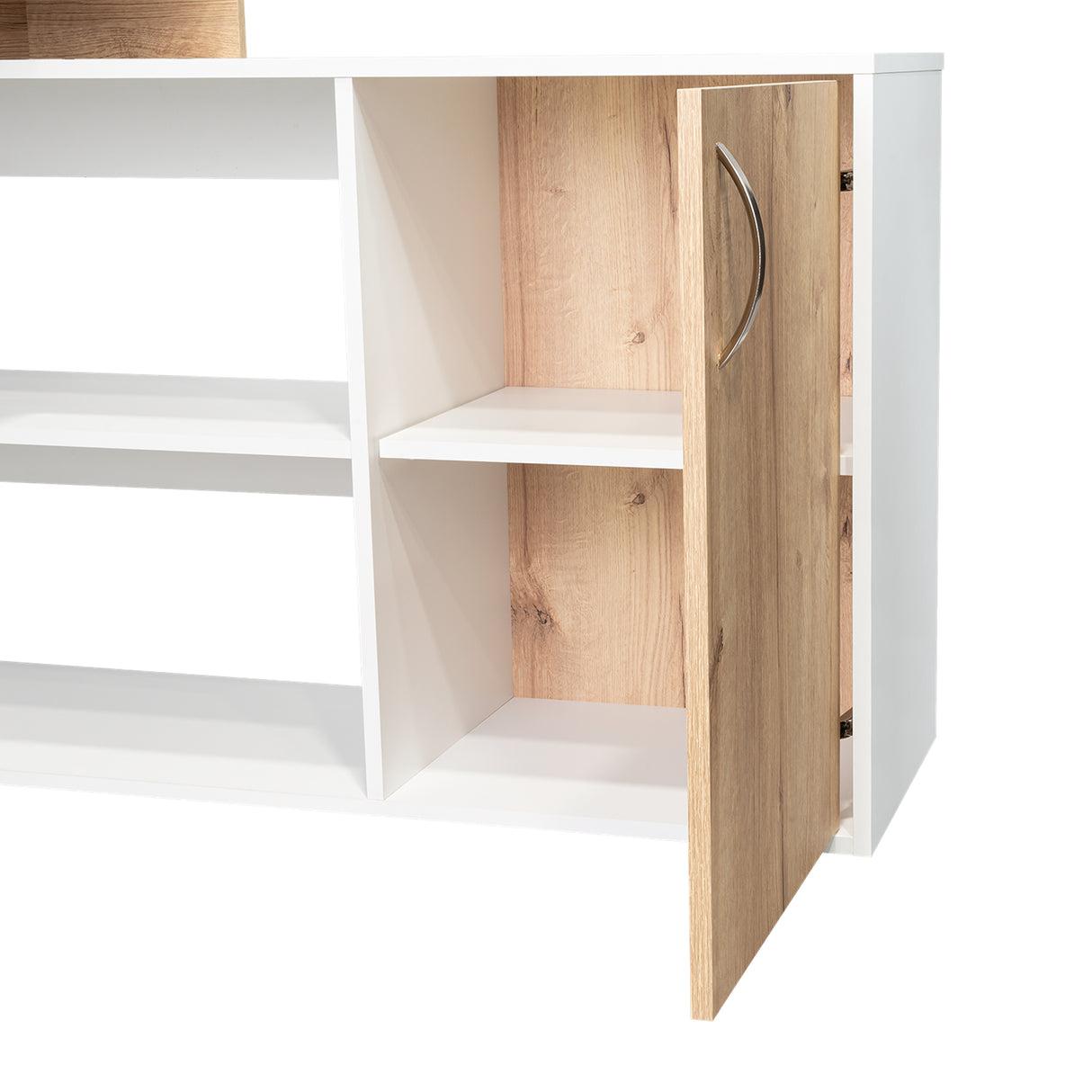 Escritorio en L Axis Duna y Blanco 151.5x76.5cm sin Cajones y con Organizador de Libros - Escritorios y Archivadores | Bylmo