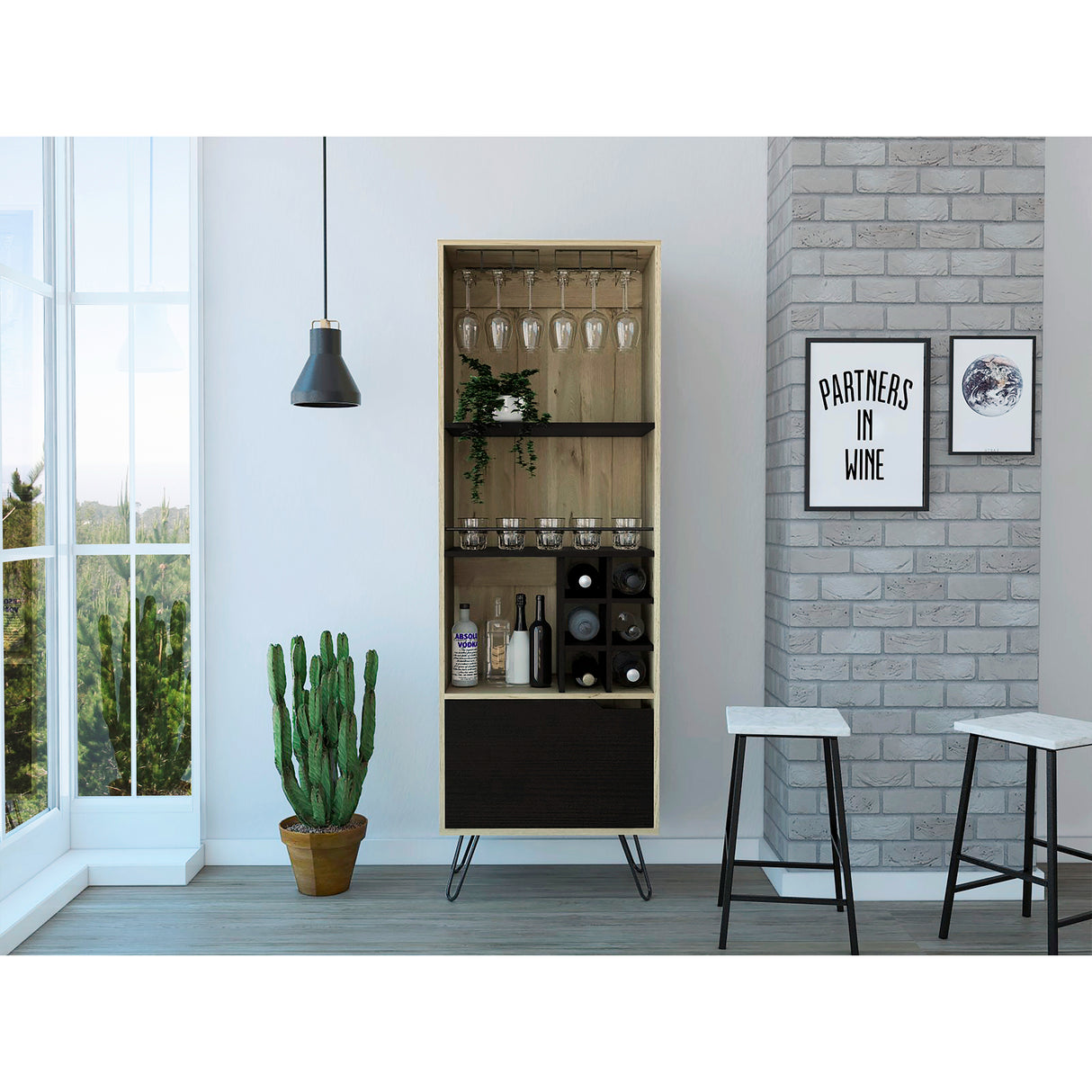 Bar Audra Duna y Wengue 59.7x180cm con Cuatro Compartimientos con Seis Portacopas y con Seis Portabotellas - Bares | Bylmo