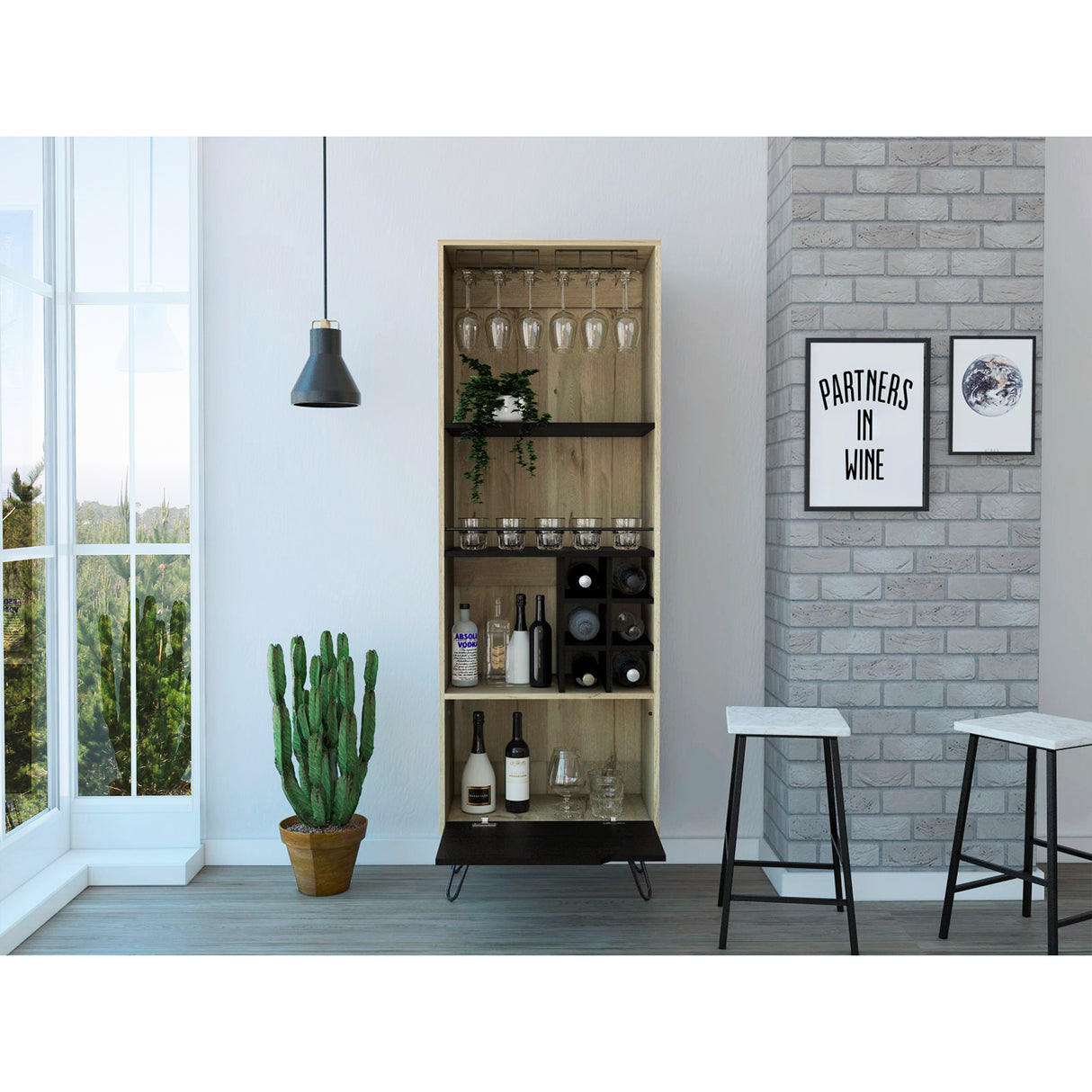 Bar Audra Duna y Wengue 59.7x180cm con Cuatro Compartimientos con Seis Portacopas y con Seis Portabotellas - Bares | Bylmo