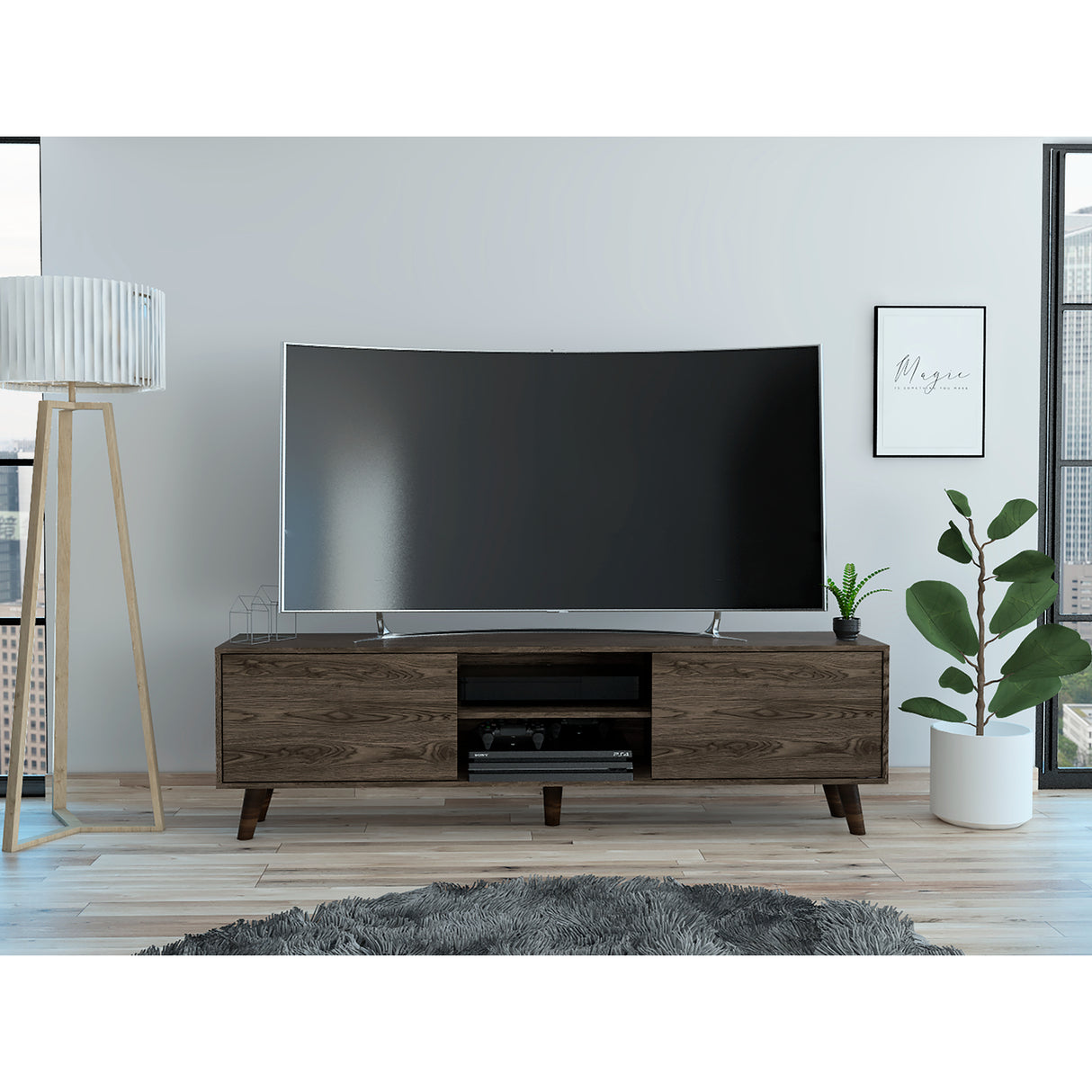 Rack de TV Z Coñac 180x52.5cm Para TV Hasta 80 Pulgadas con Dos Cajones con Ranuras para Cables y con Patas - Muebles para TV | Bylmo