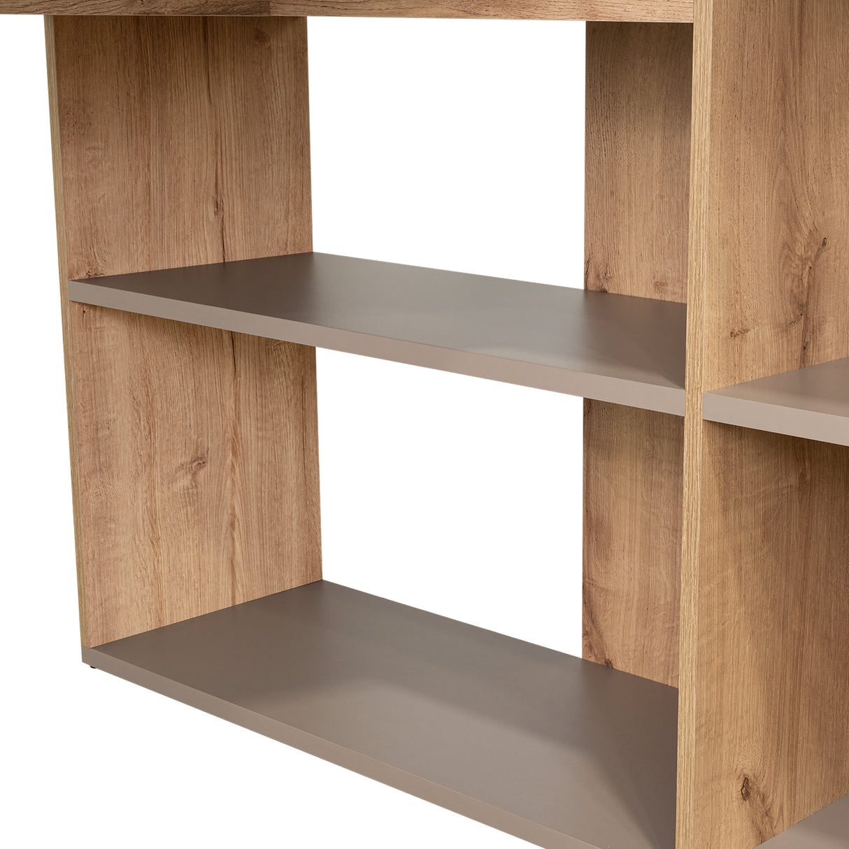 Escritorio en L Masai Taupe y Duna 131.5x110.6cm sin Cajones y con Organizador de Libros - Escritorios y Archivadores | Bylmo