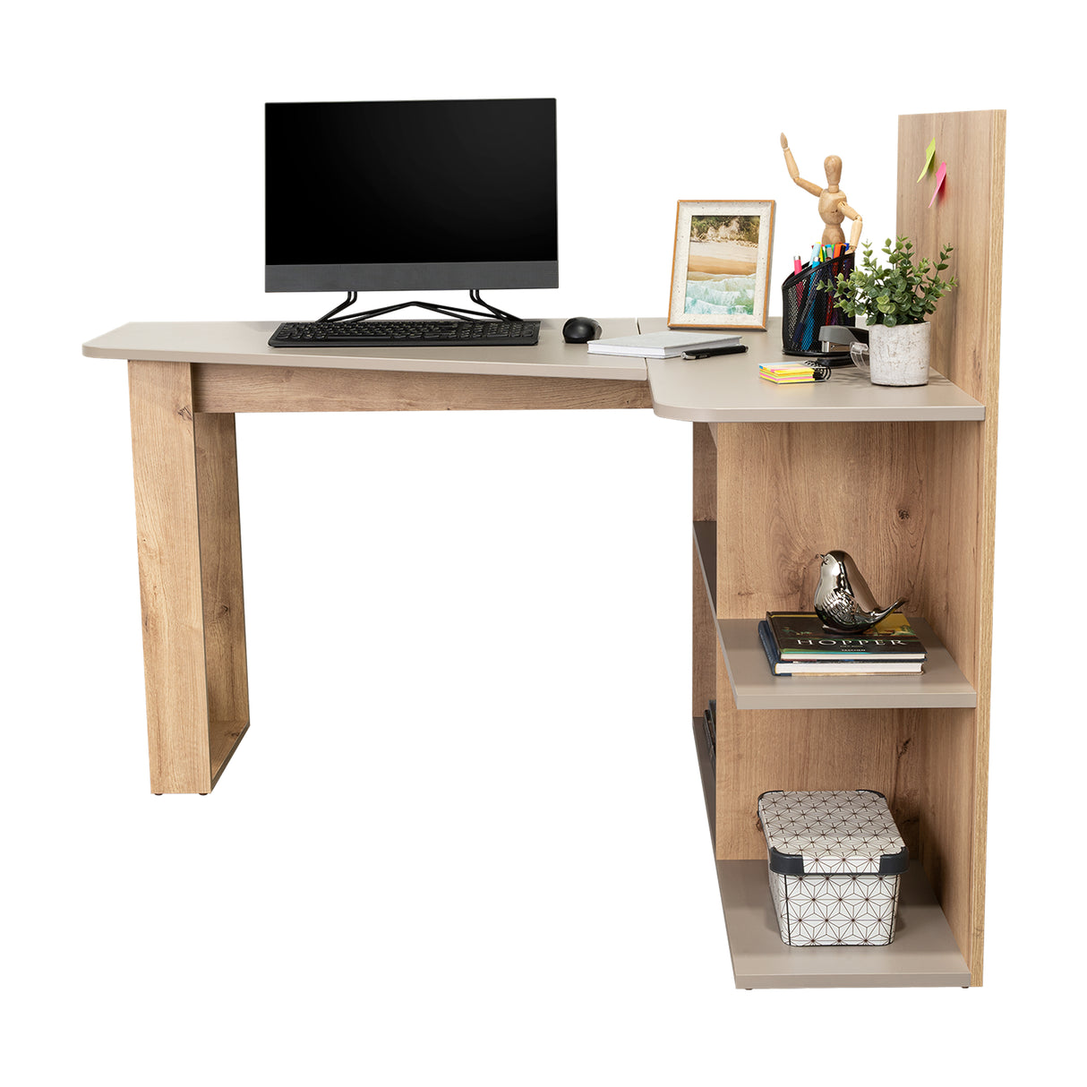 Escritorio en L Masai Taupe y Duna 131.5x110.6cm sin Cajones y con Organizador de Libros - Escritorios y Archivadores | Bylmo