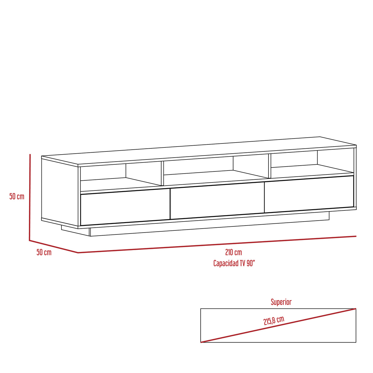 Rack de TV Bellagio Siena 210x50cm para TV Hasta 90 Pulgadas y con Cuatro Compartimientos - Muebles para TV | Bylmo