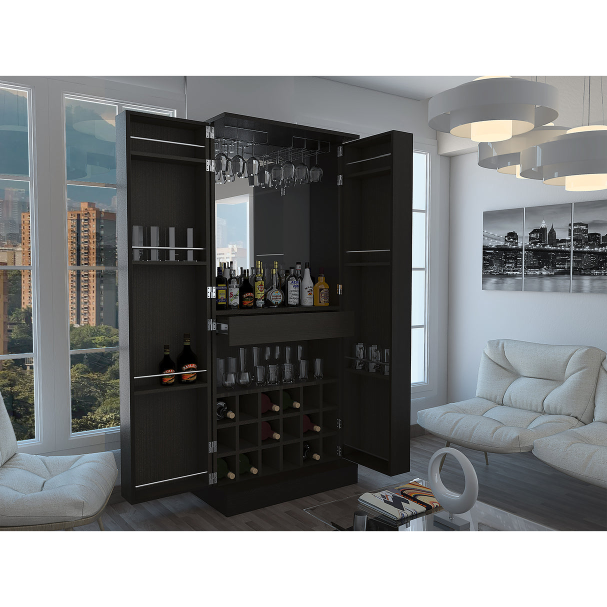 Bar Malbec Wengue 75x175cm con Un Cajón y con Dieciocho Portabotellas - Bares | Bylmo