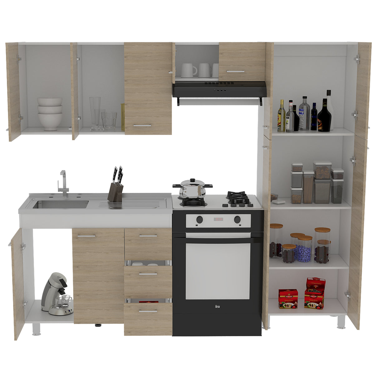 Cocina Ferreti Blanco y Rovere 100x86.5cm con Mesón de Acero Inoxidable Lado Izquierdo y sin Estufa - COCINAS | Bylmo