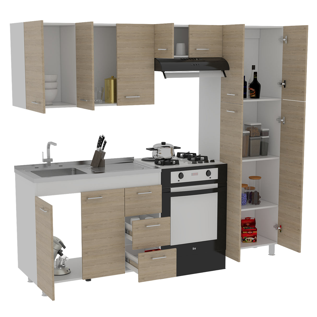 Cocina Ferreti Blanco y Rovere 100x86.5cm con Mesón de Acero Inoxidable Lado Izquierdo y sin Estufa - COCINAS | Bylmo