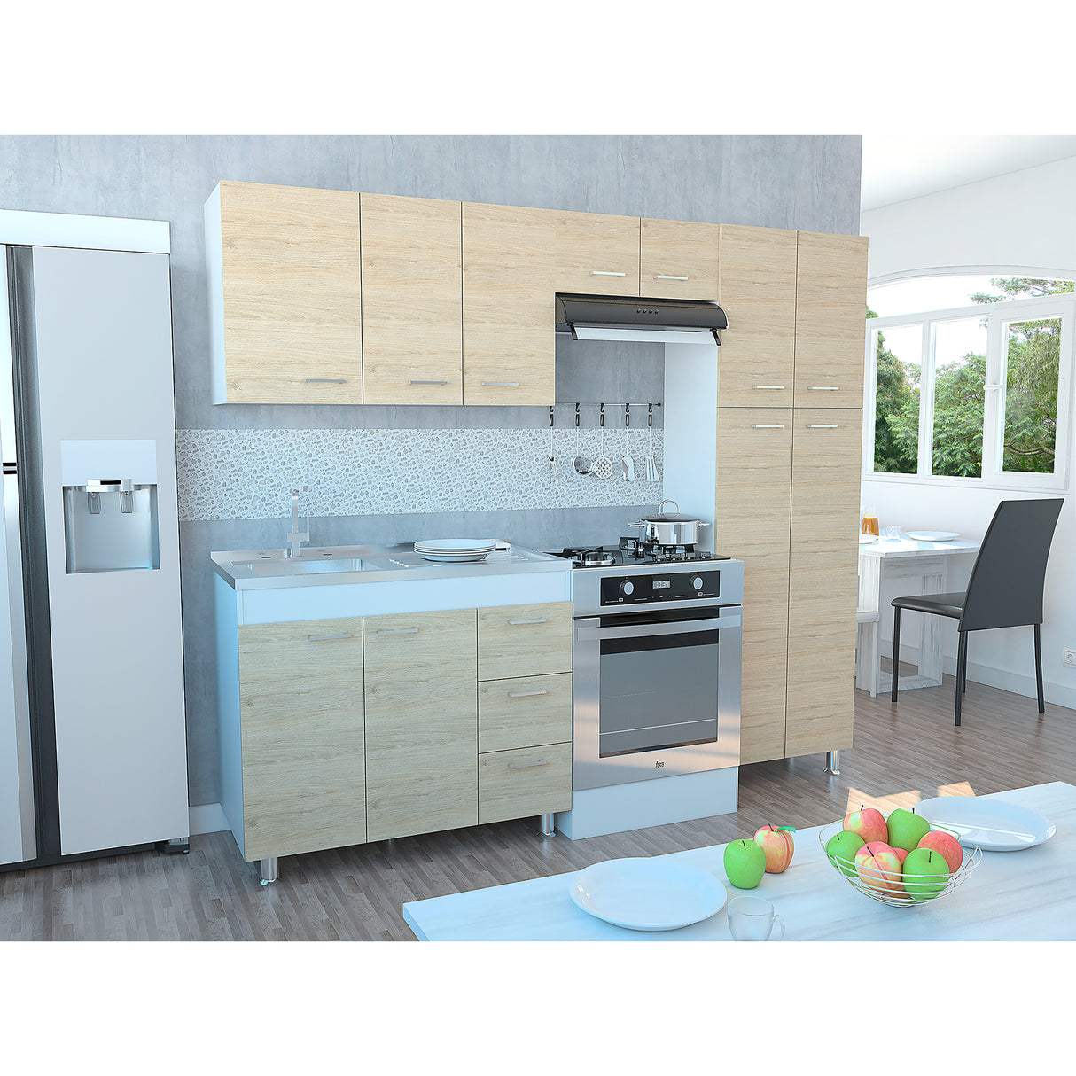 Cocina Ferreti Blanco y Rovere 100x86.5cm con Mesón de Acero Inoxidable Lado Izquierdo y sin Estufa - COCINAS | Bylmo