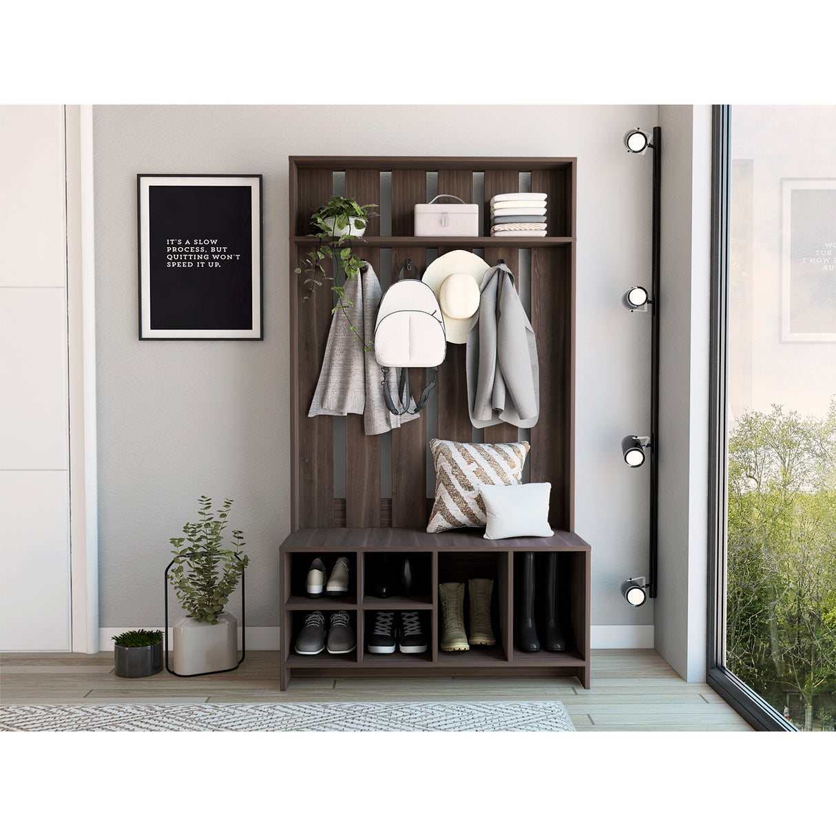 Mueble Recibidor Beijing Coñac 96.8x172.6cm con Seis Compartimientos y Cuatro Perchos - Repisas y Percheros | Bylmo