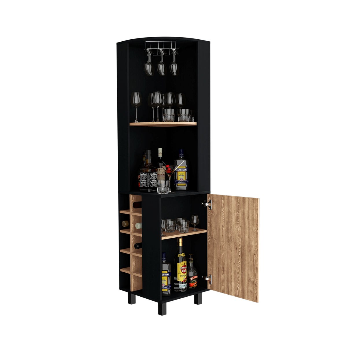 Bar Esquinero Kaia Wengue y Miel 45x180cm con Cuatro Compartimientos con Diez Portabotellas y con Patas - BARES | Bylmo