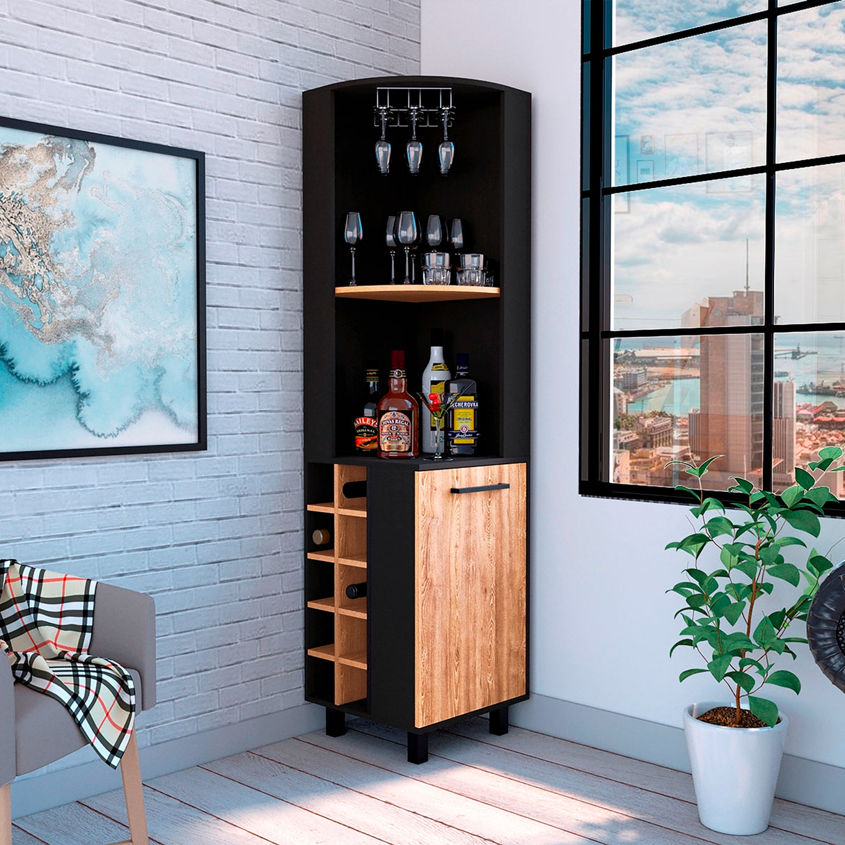 Bar Esquinero Kaia Wengue y Miel 45x180cm con Cuatro Compartimientos con Diez Portabotellas y con Patas - BARES | Bylmo