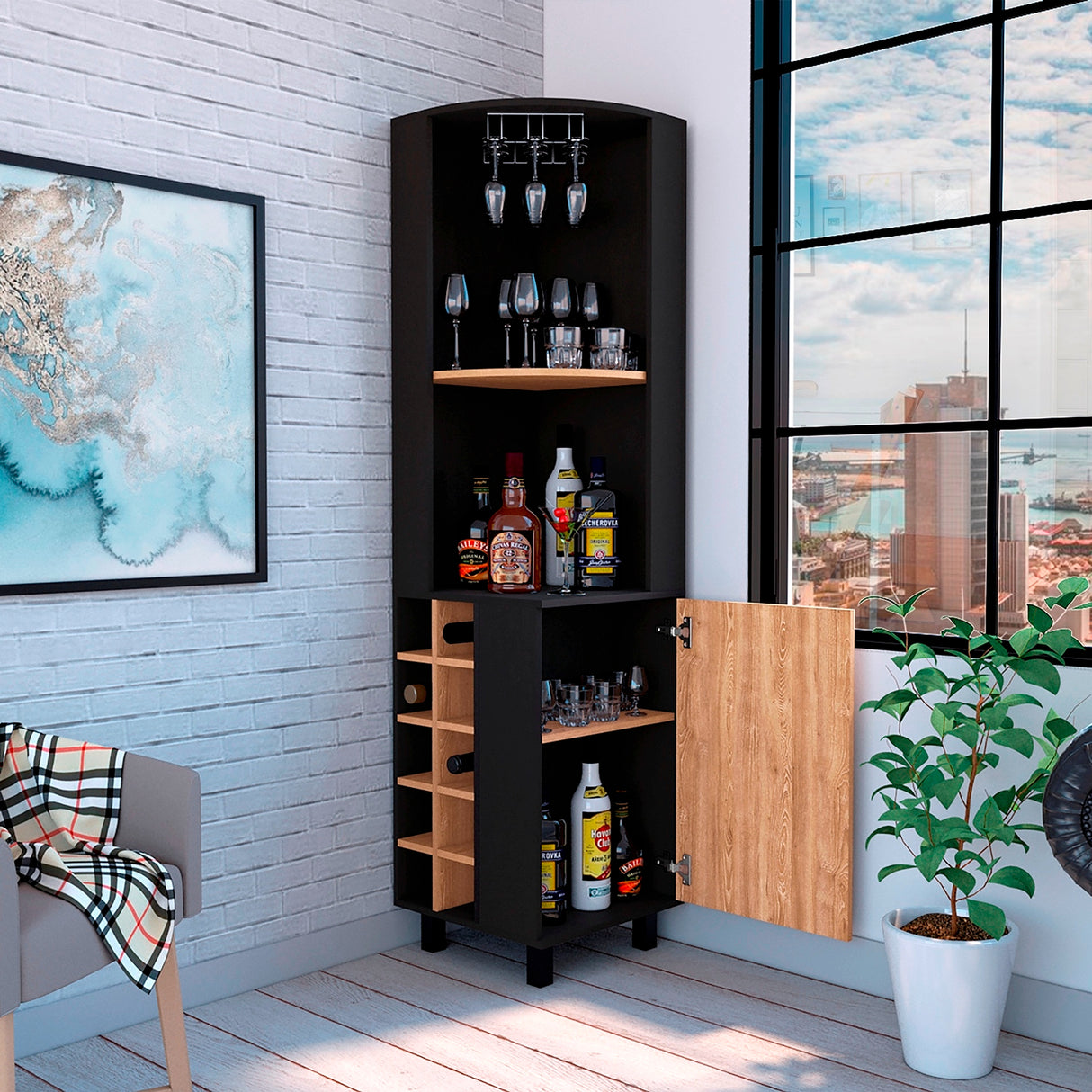 Bar Esquinero Kaia Wengue y Miel 45x180cm con Cuatro Compartimientos con Diez Portabotellas y con Patas - BARES | Bylmo