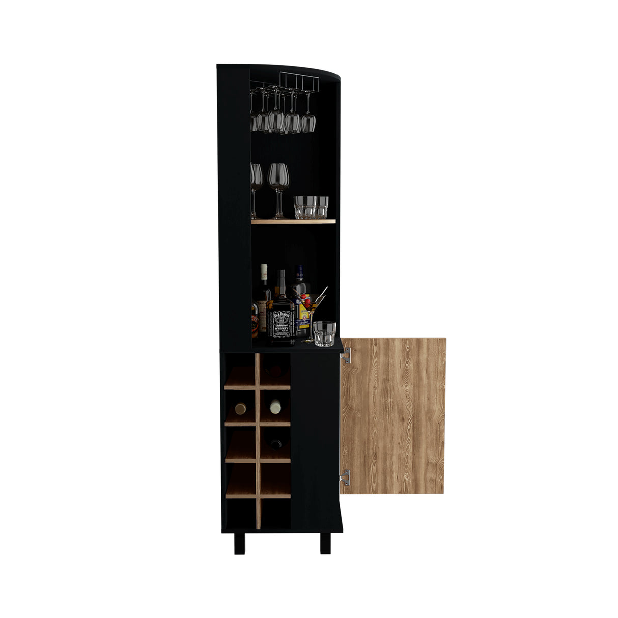 Bar Esquinero Kaia Wengue y Miel 45x180cm con Cuatro Compartimientos con Diez Portabotellas y con Patas - BARES | Bylmo