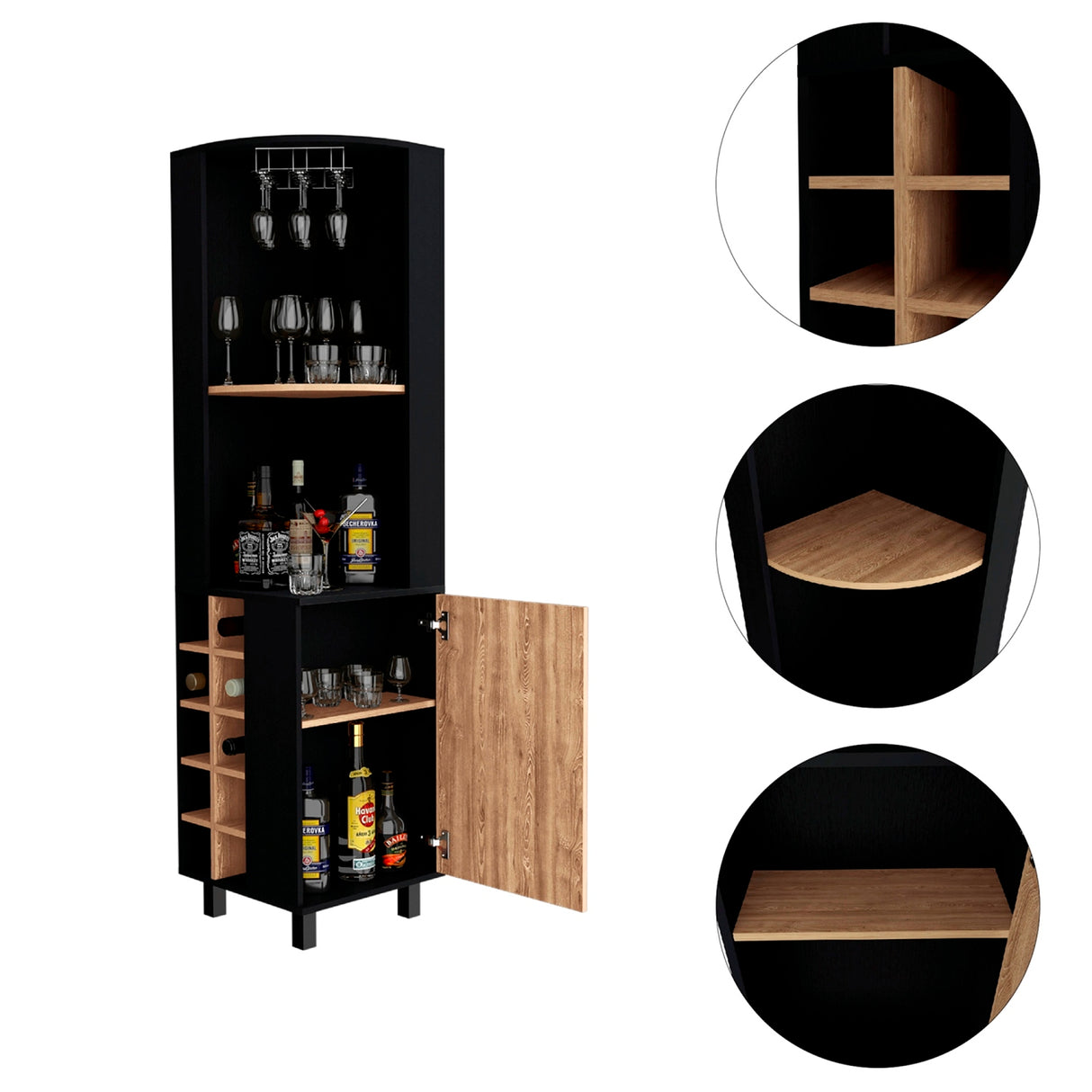 Bar Esquinero Kaia Wengue y Miel 45x180cm con Cuatro Compartimientos con Diez Portabotellas y con Patas - BARES | Bylmo
