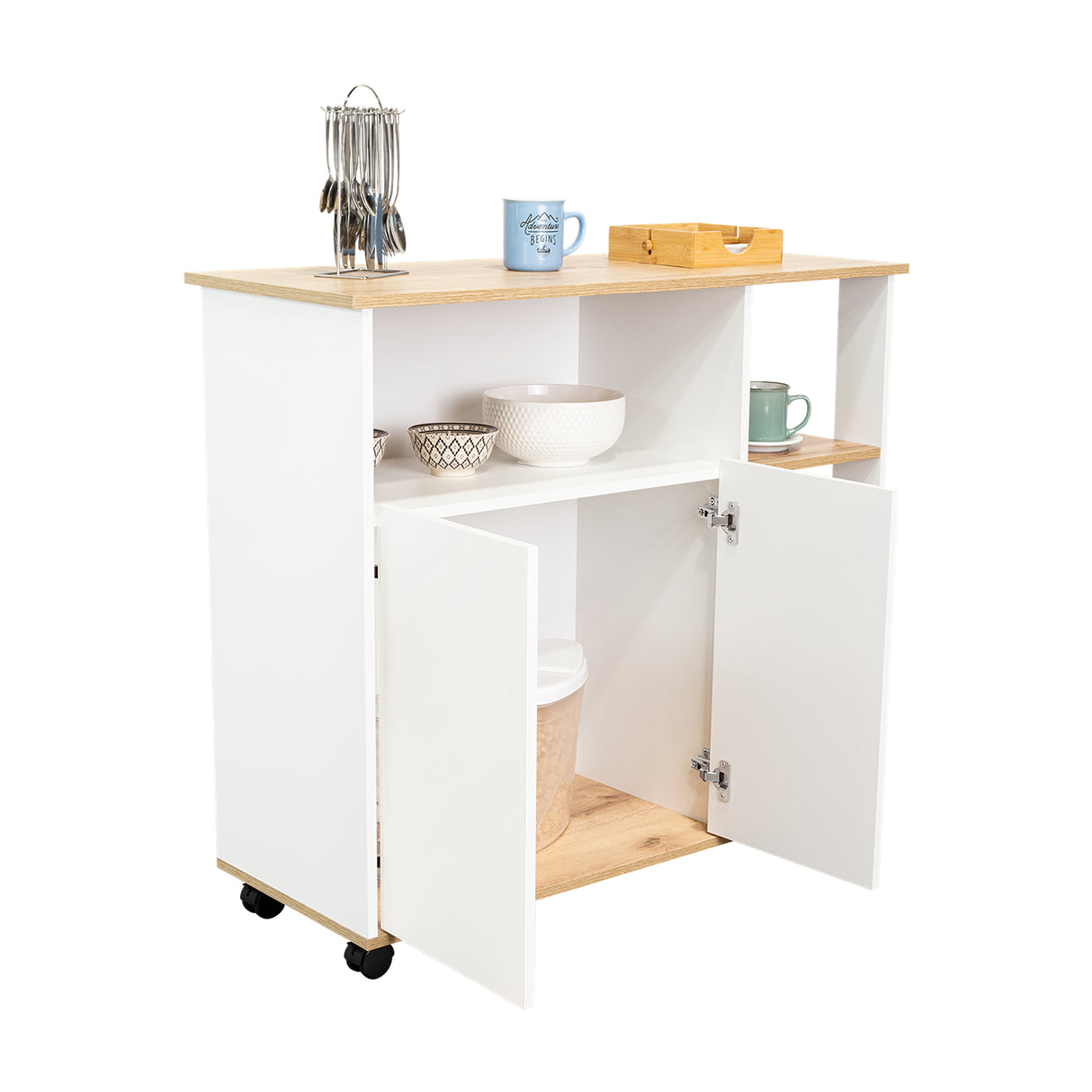 Mesón BiColor Blanco 100x90cm con Cuatro Entrepaños y Cinco Compartimientos - Barras y Muebles Auxiliares | Bylmo