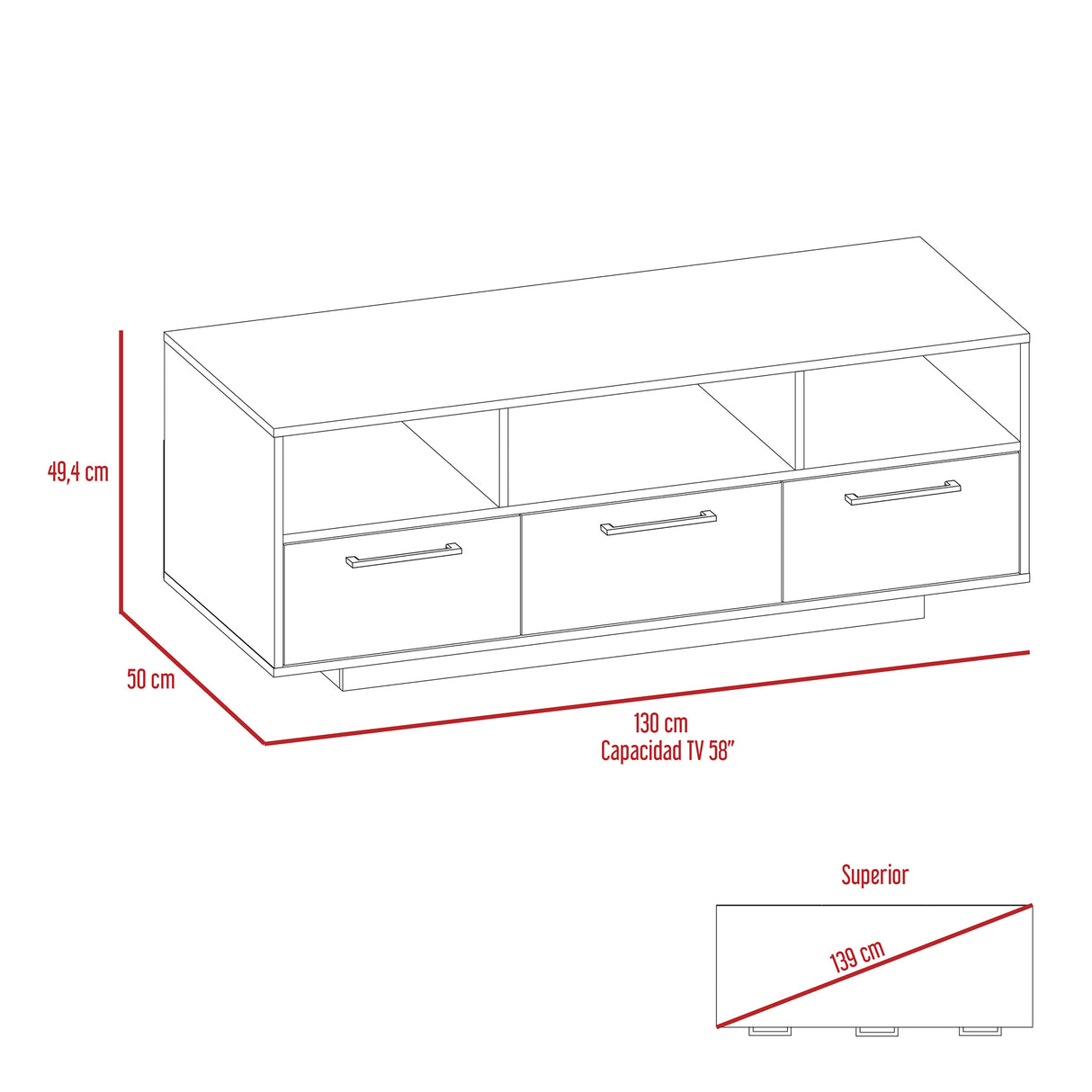 Rack de TV Wema Wengue 130x49cm Para TV Hasta 58 Pulgadas con Tres Cajones - Muebles de TV | Bylmo