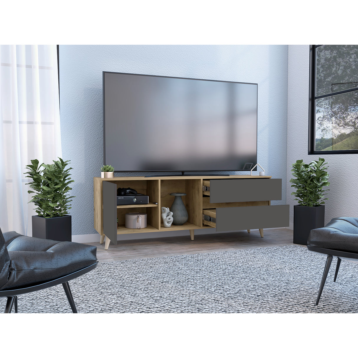 Rack de TV Salem Macadamia 158x60cm Para TV Hasta 65 Pulgadas con Tres Cajones y con Patas - Muebles de TV | Bylmo