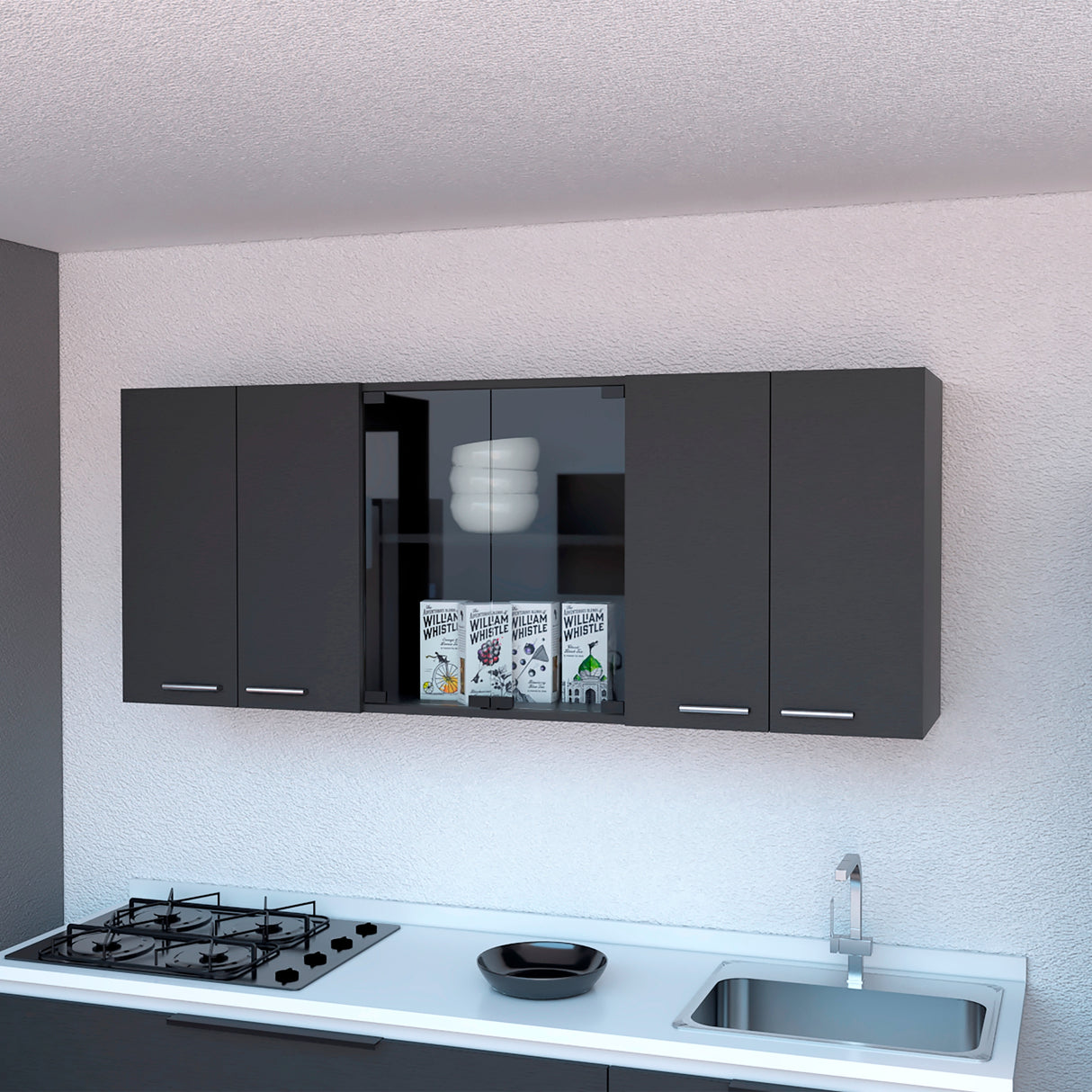 Mueble Superior de Cocina Superior Wengue 150x60cm con Dos Entrepaños Seis Puertas y con Locero - MUEBLES SUPERIORES DE COCINA | Bylmo