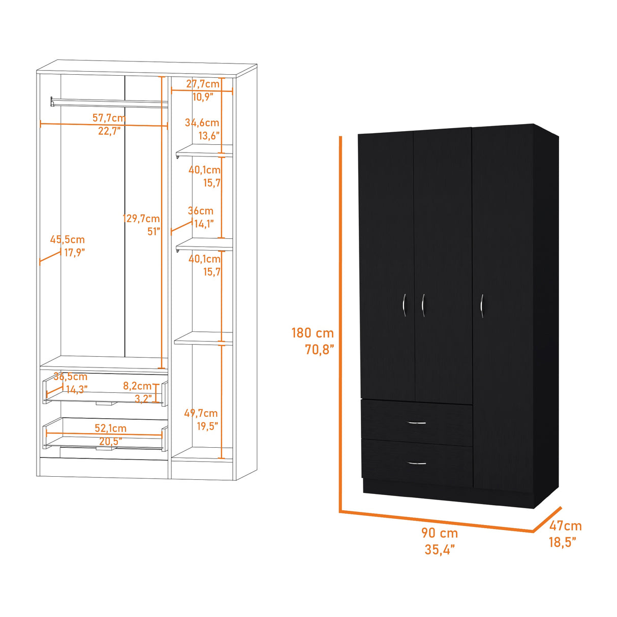 Closet Austral Wengue 90x180cm con Tres Puertas y con Dos Cajones - CLOSETS | Bylmo