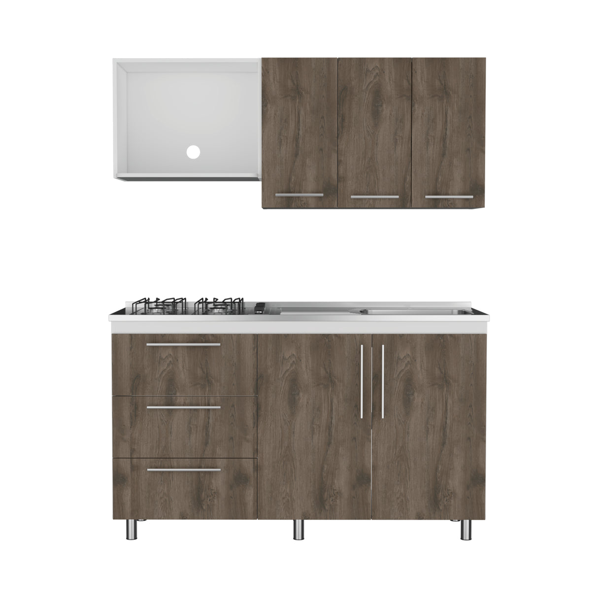 Cocina Rubi Bellota y Blanco 150x50cm con Mesón de Acero Inoxidable Lado Derecho y sin Estufa - COCINAS | Bylmo