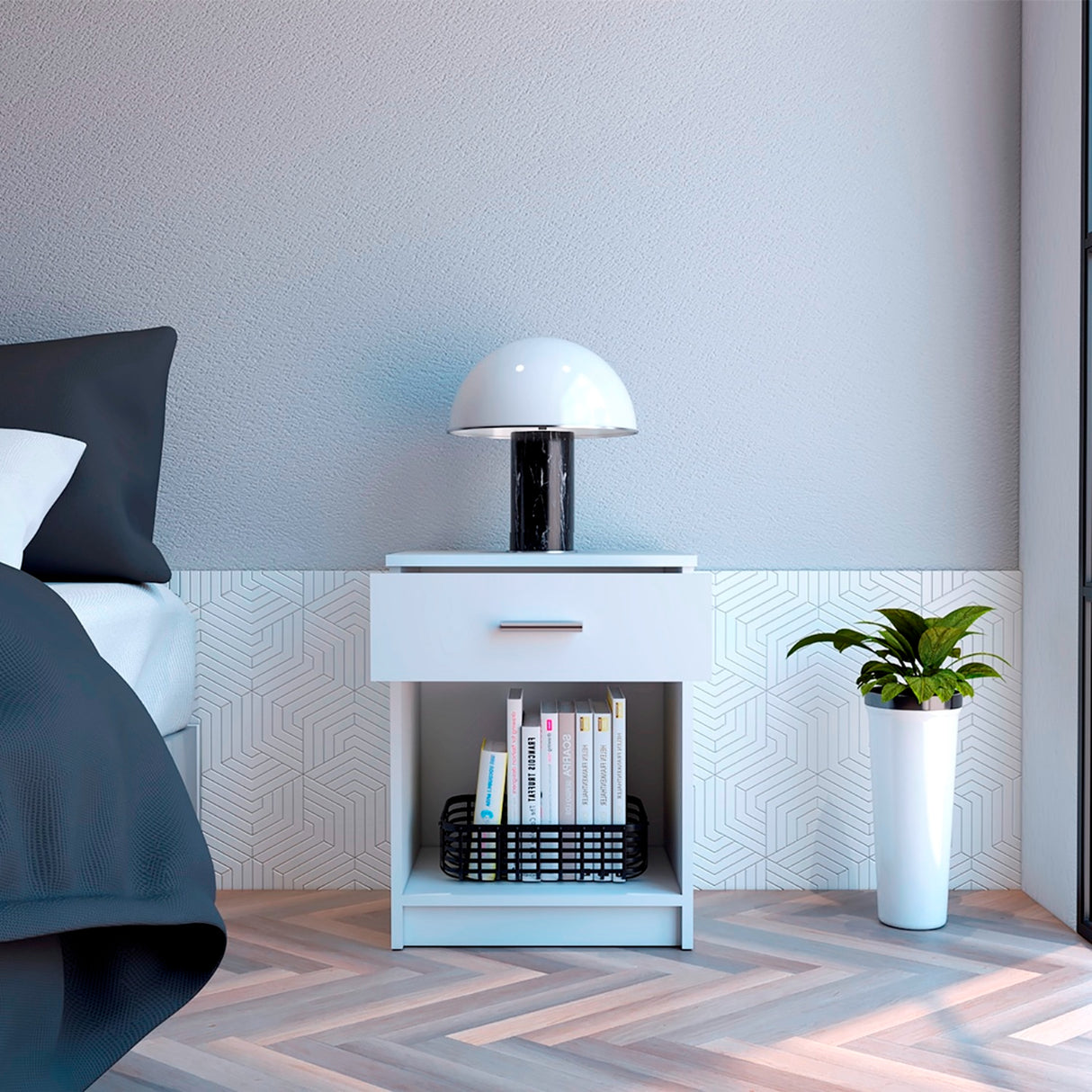 Mesa de Noche Eco Blanco 42.4x55.2cm con Un Cajón y con Un Compartimiento - MESAS DE NOCHE | Bylmo