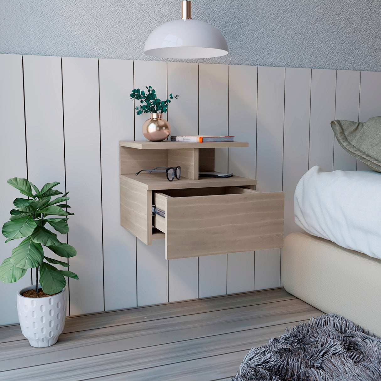 Mesa de Noche Flotante Ceniza 36x30cm con Un Cajón y con Dos Compartimientos - Mesas de Noche | Bylmo