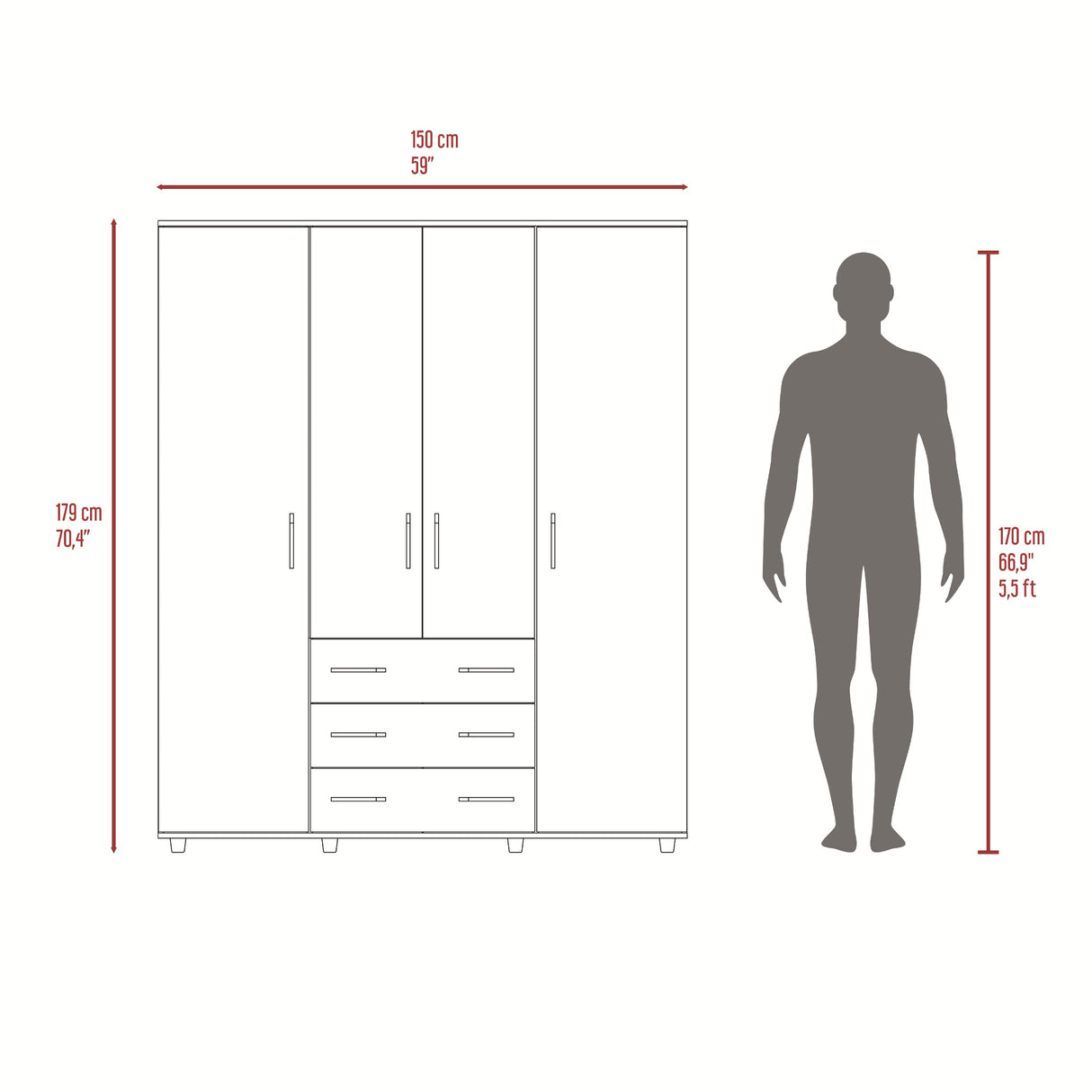 Closet Fontan Duna y Blanco 150x179cm con Cuatro Puertas y con Tres Cajones - CLOSETS | Bylmo