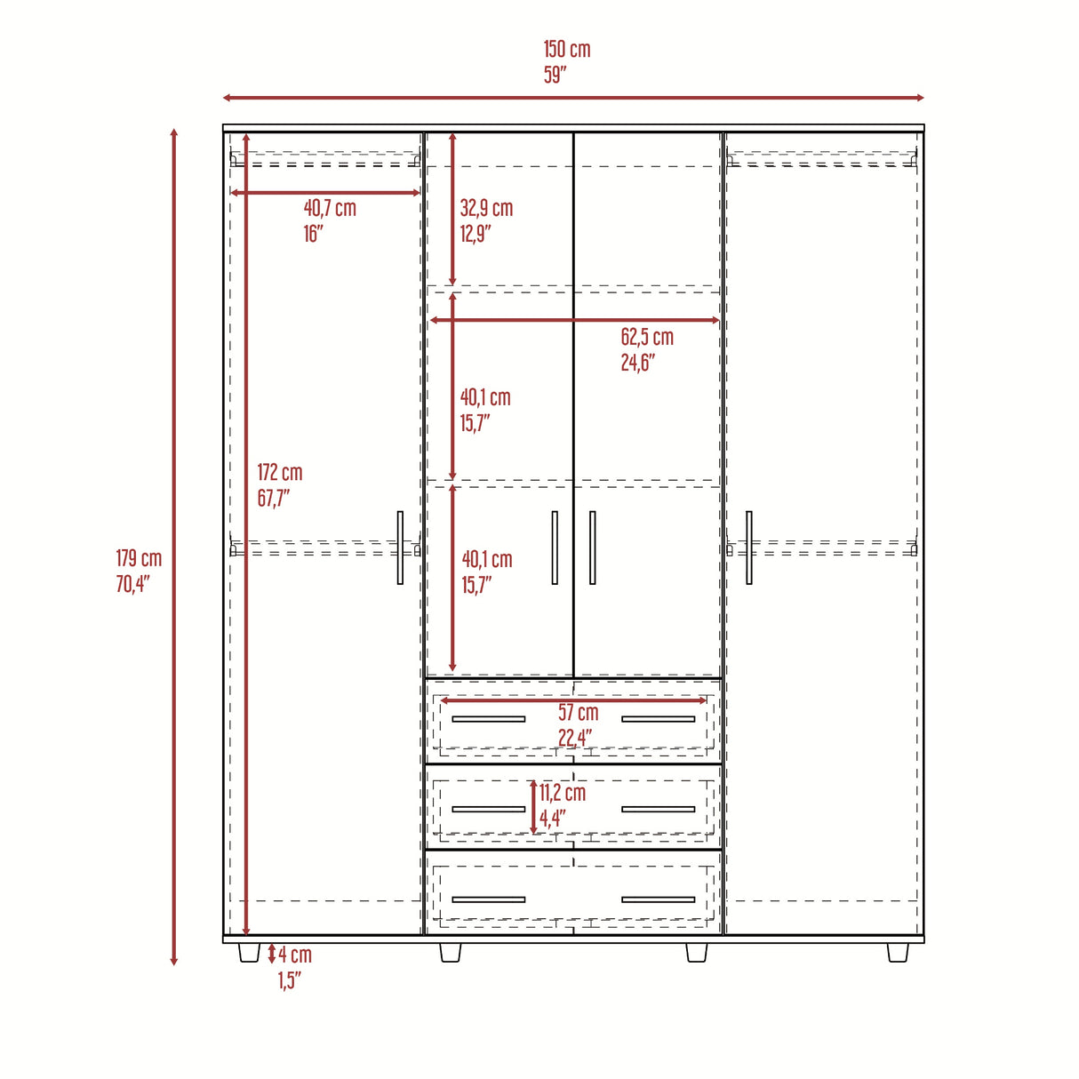 Closet Fontan Duna y Blanco 150x179cm con Cuatro Puertas y con Tres Cajones - CLOSETS | Bylmo