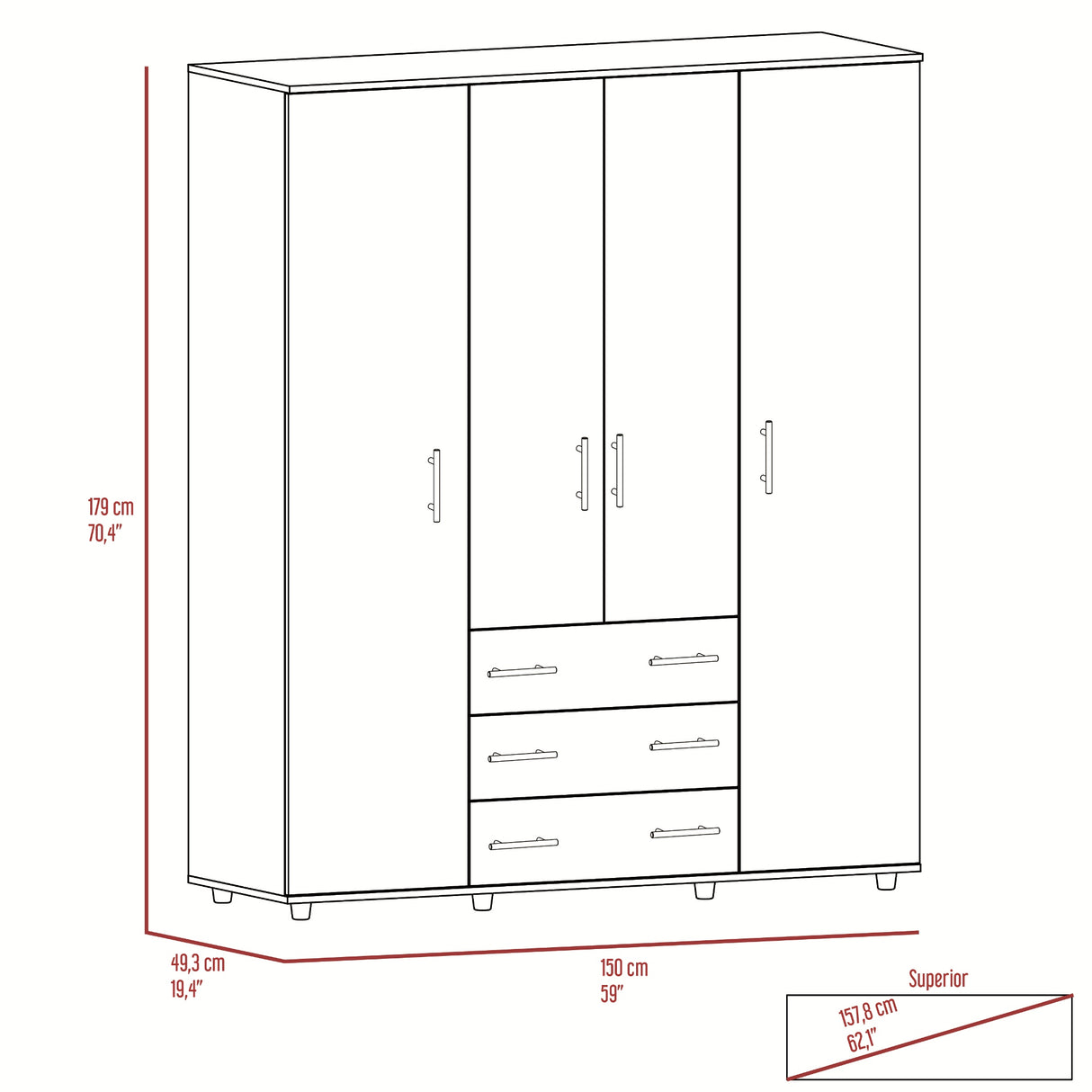 Closet Fontan Duna y Blanco 150x179cm con Cuatro Puertas y con Tres Cajones - CLOSETS | Bylmo