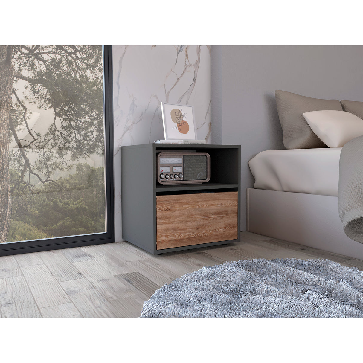 Mesa de Noche Galanto Plomo 50 cm con Una Puerta Abatible y Entrepaño - Mesas de Noche | Bylmo