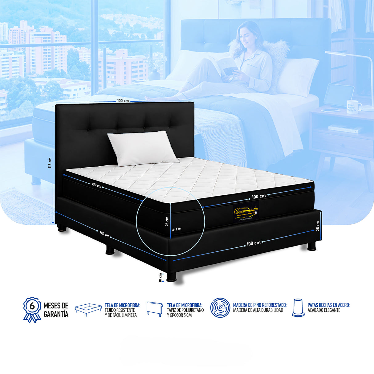 Combo Colchón Enrollado y Base Cama Versalles Negro Sencillo 100 X 190 Cm Medio Firme Ortopedico e Hipoalergénico - Combos Habitacion | Bylmo