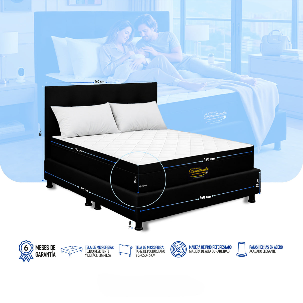 Combo Colchón Enrollado y Base Cama Versalles Negro Queen 160 X 190 Cm Medio Firme Ortopedico e Hipoalergénico - Combos Habitacion | Bylmo