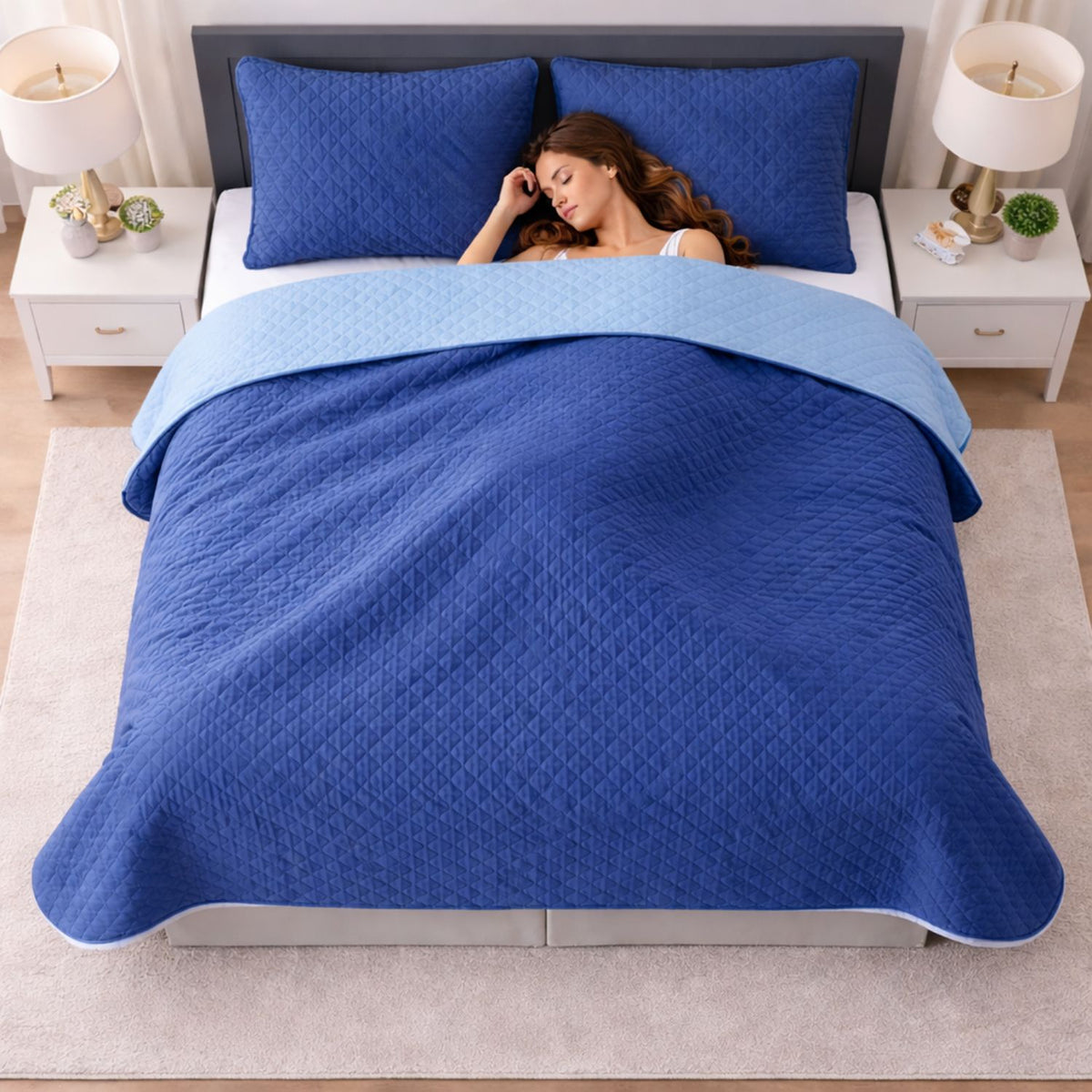 Colcha Doble Faz Azul y Azul Celeste 200x220cm para Colchón Doble 140 X 190 Cm Sin Acolchado Sin Relleno Fondo Entero