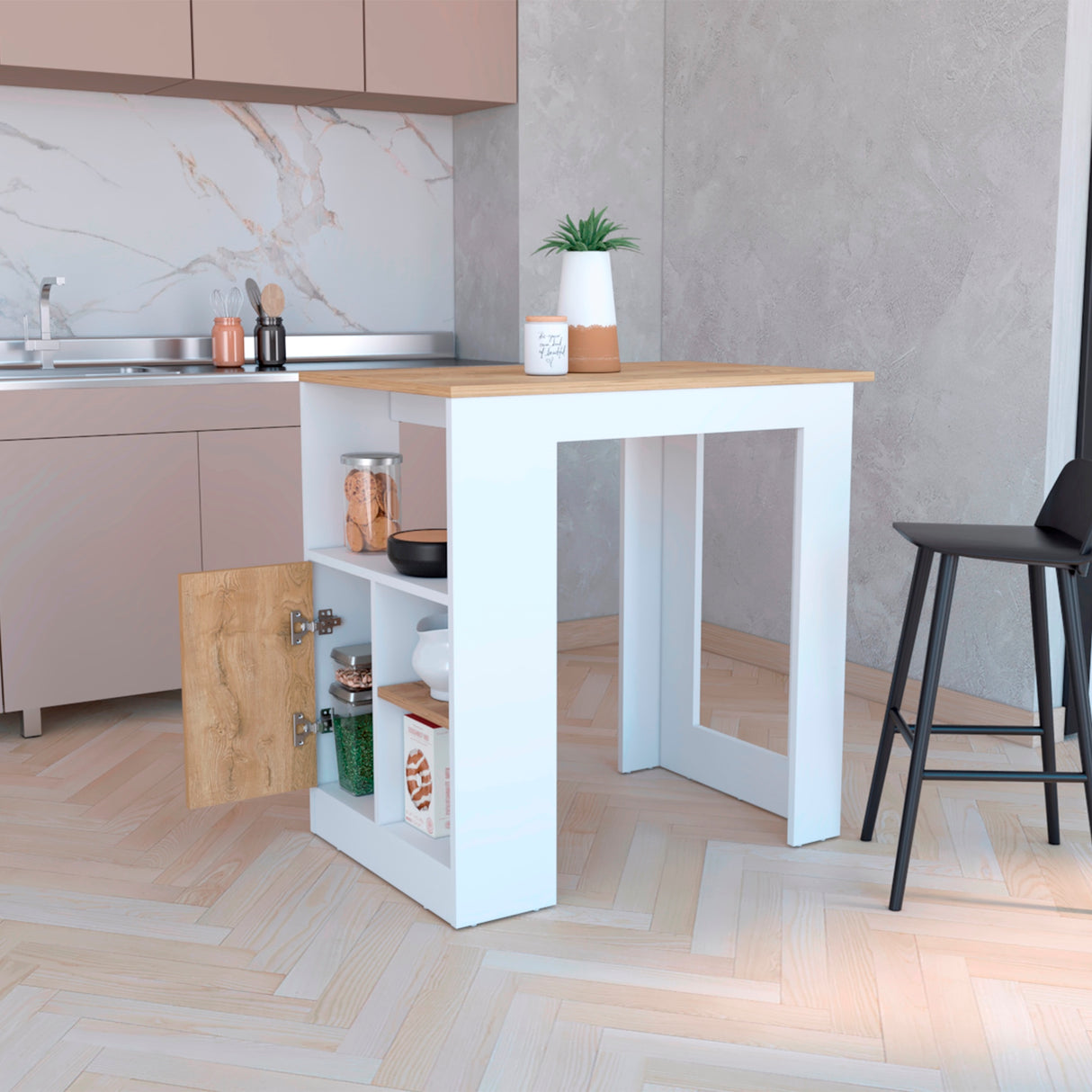 Isla de Cocina Stirling 59x92 Blanco Macadamia Moderna - Barras y Muebles Auxiliares | Bylmo